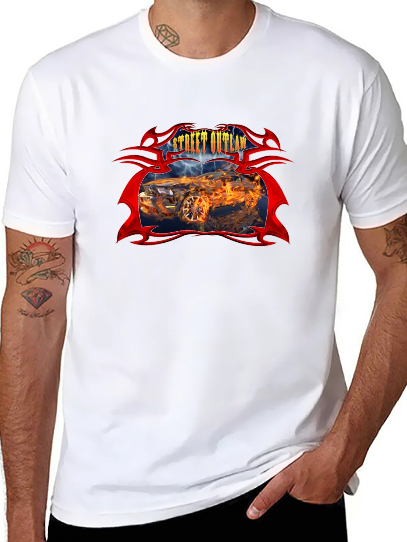 Camiseta Negra Street Outlaw Coche en Llamas