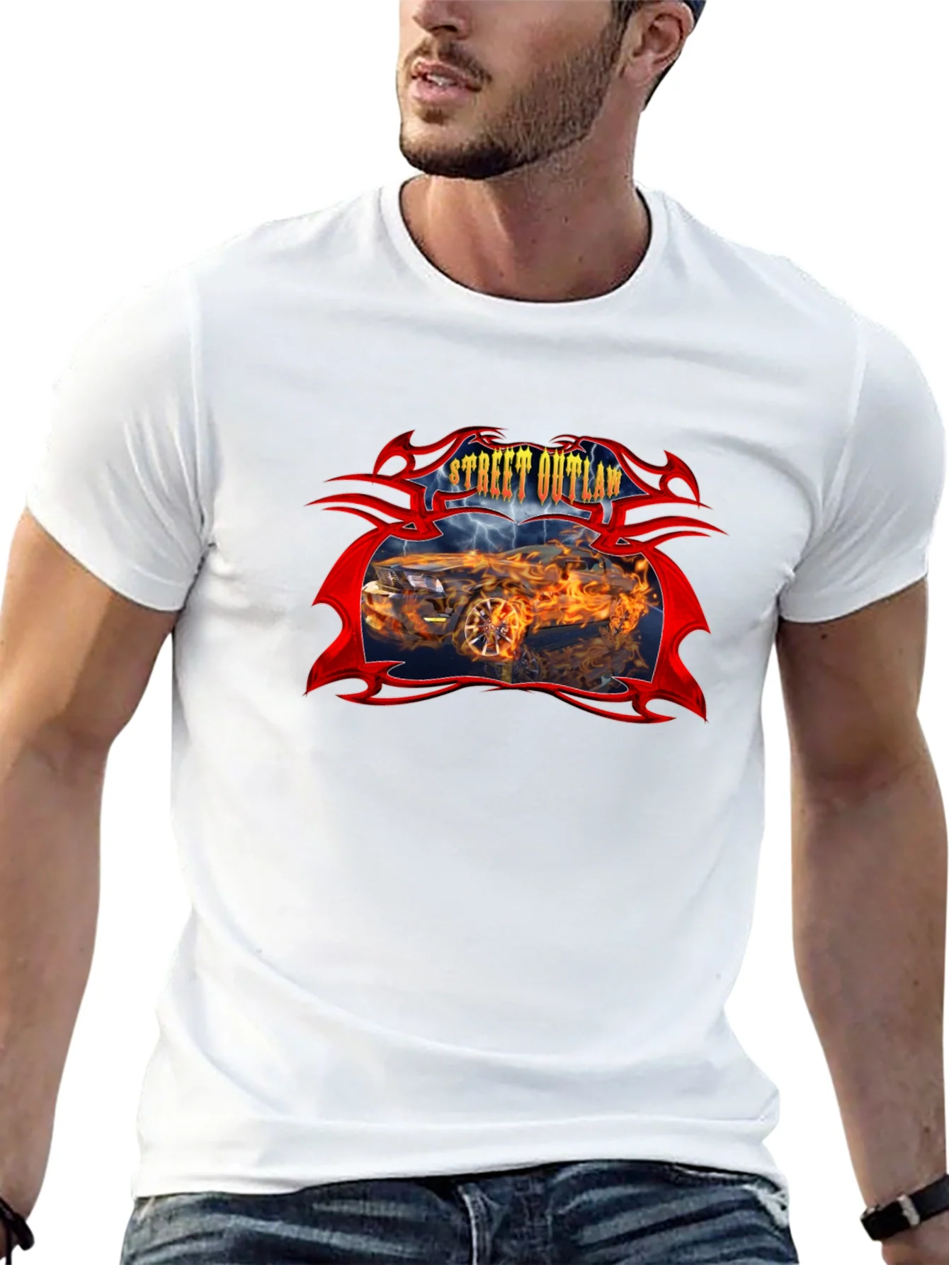 Camiseta Negra Street Outlaw Coche en Llamas