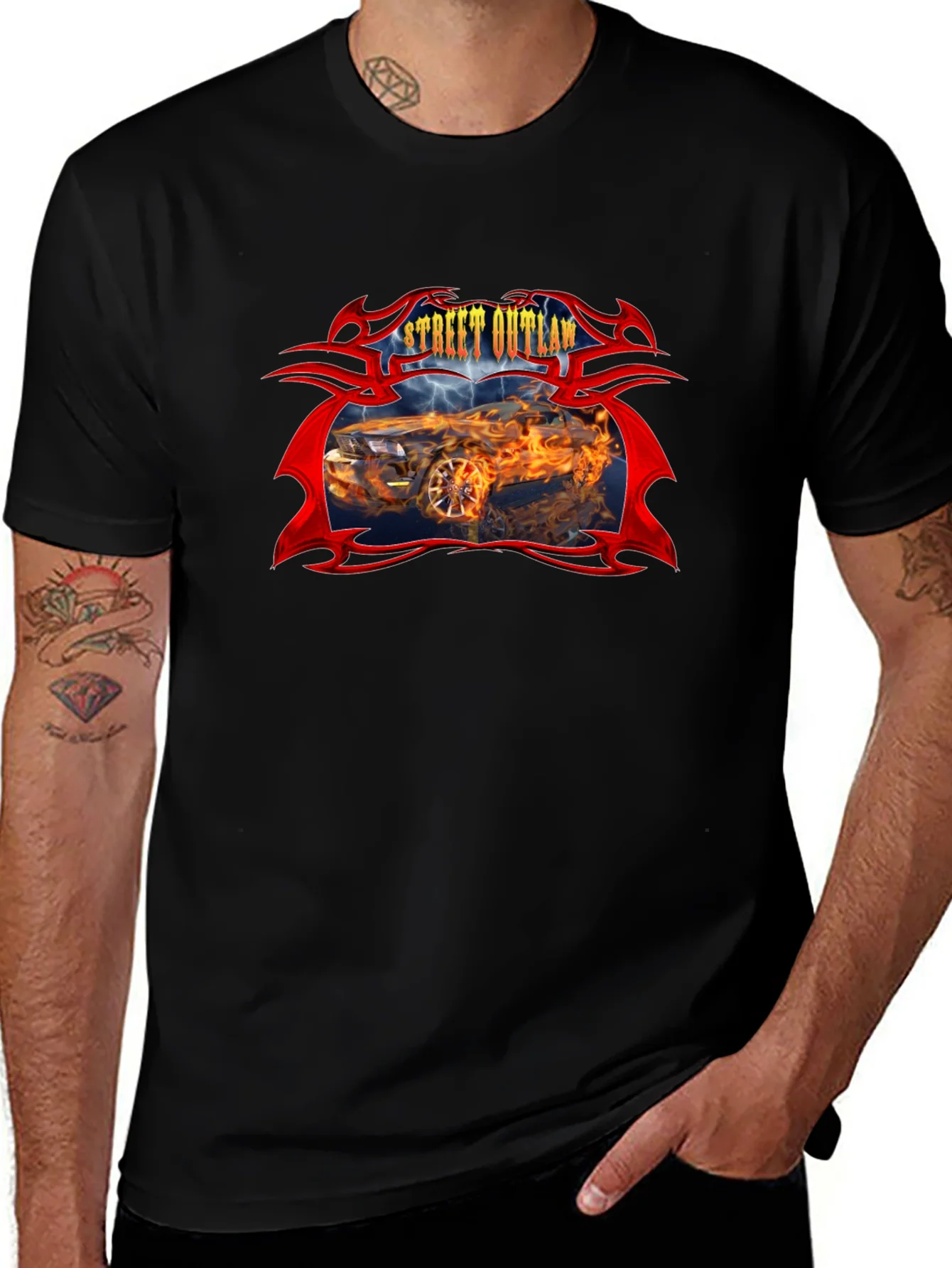 Camiseta Negra Street Outlaw Coche en Llamas