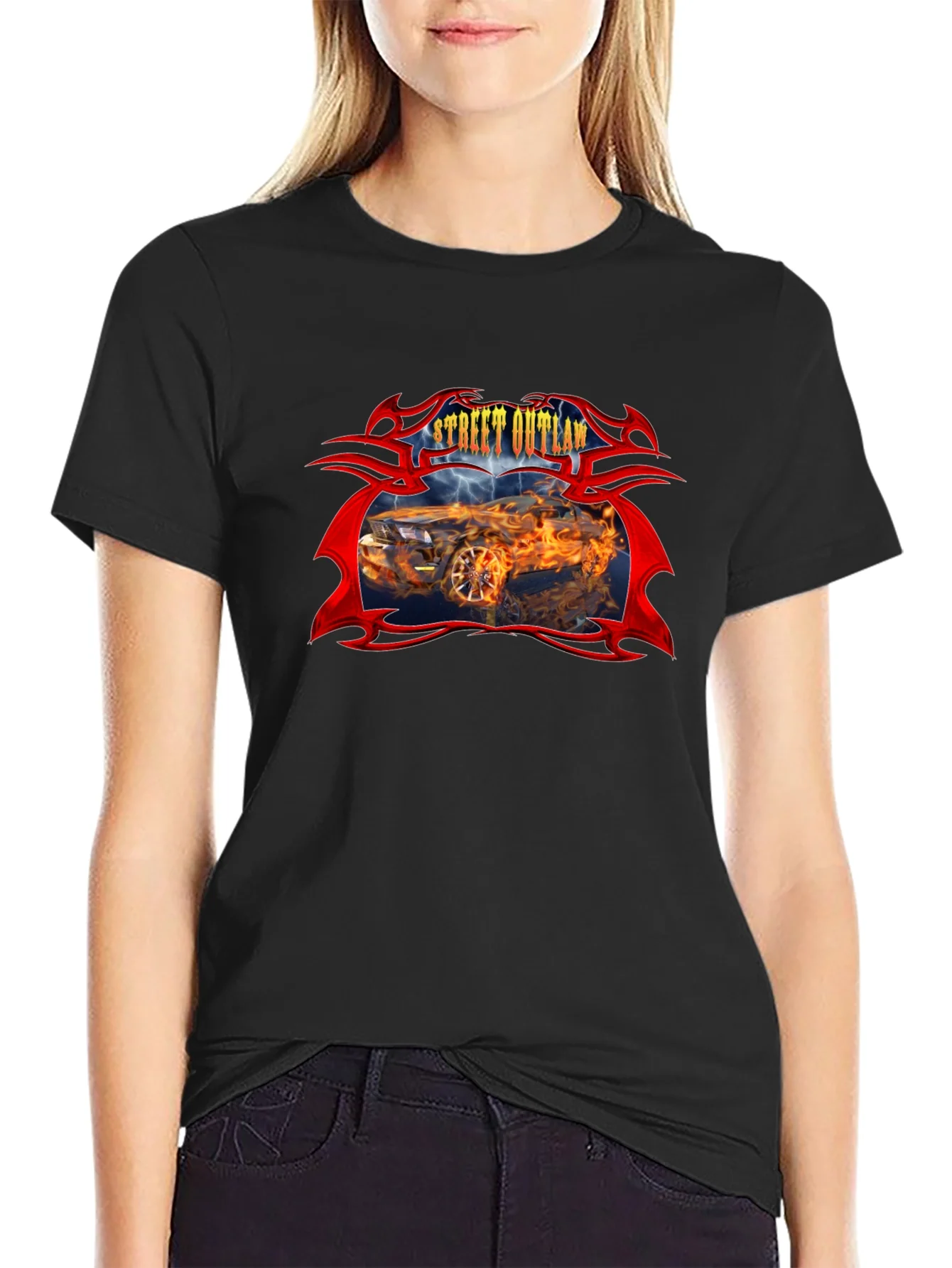 Camiseta Negra Street Outlaw Coche en Llamas
