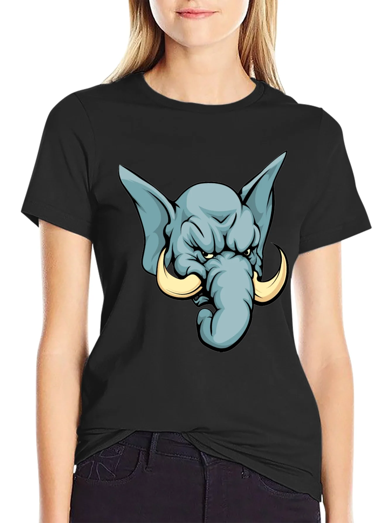 Camiseta Negra con Estampado de Elefante Furioso