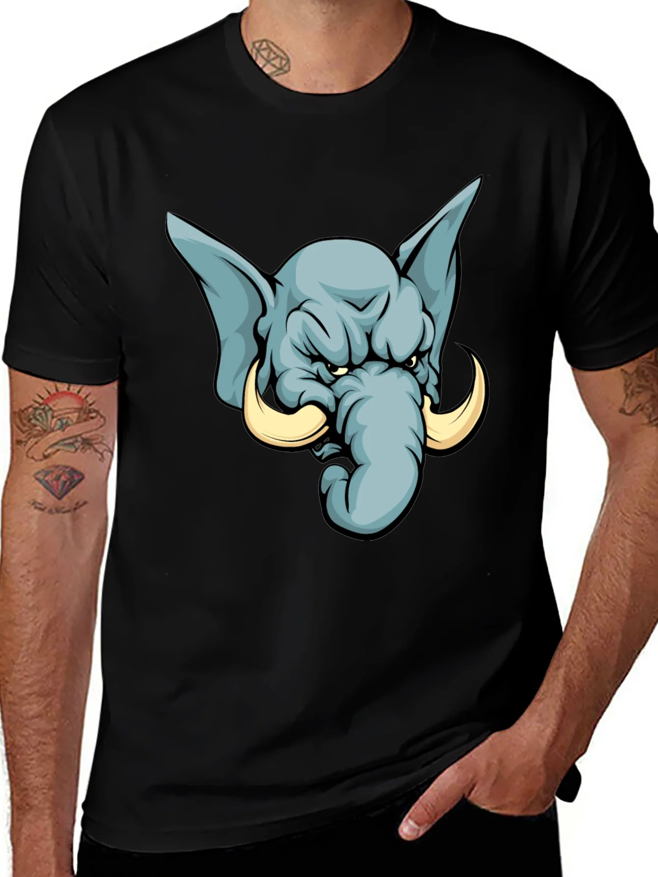 Camiseta Negra con Estampado de Elefante Furioso