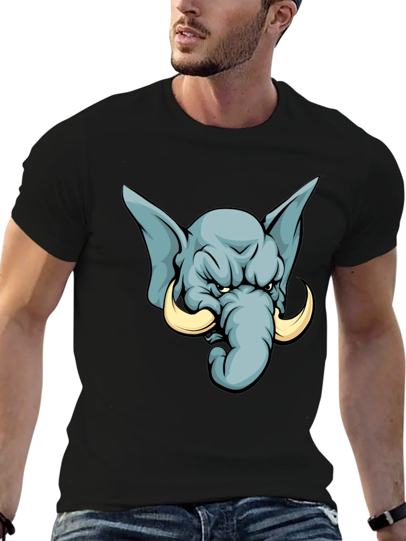 Camiseta Negra con Estampado de Elefante Furioso