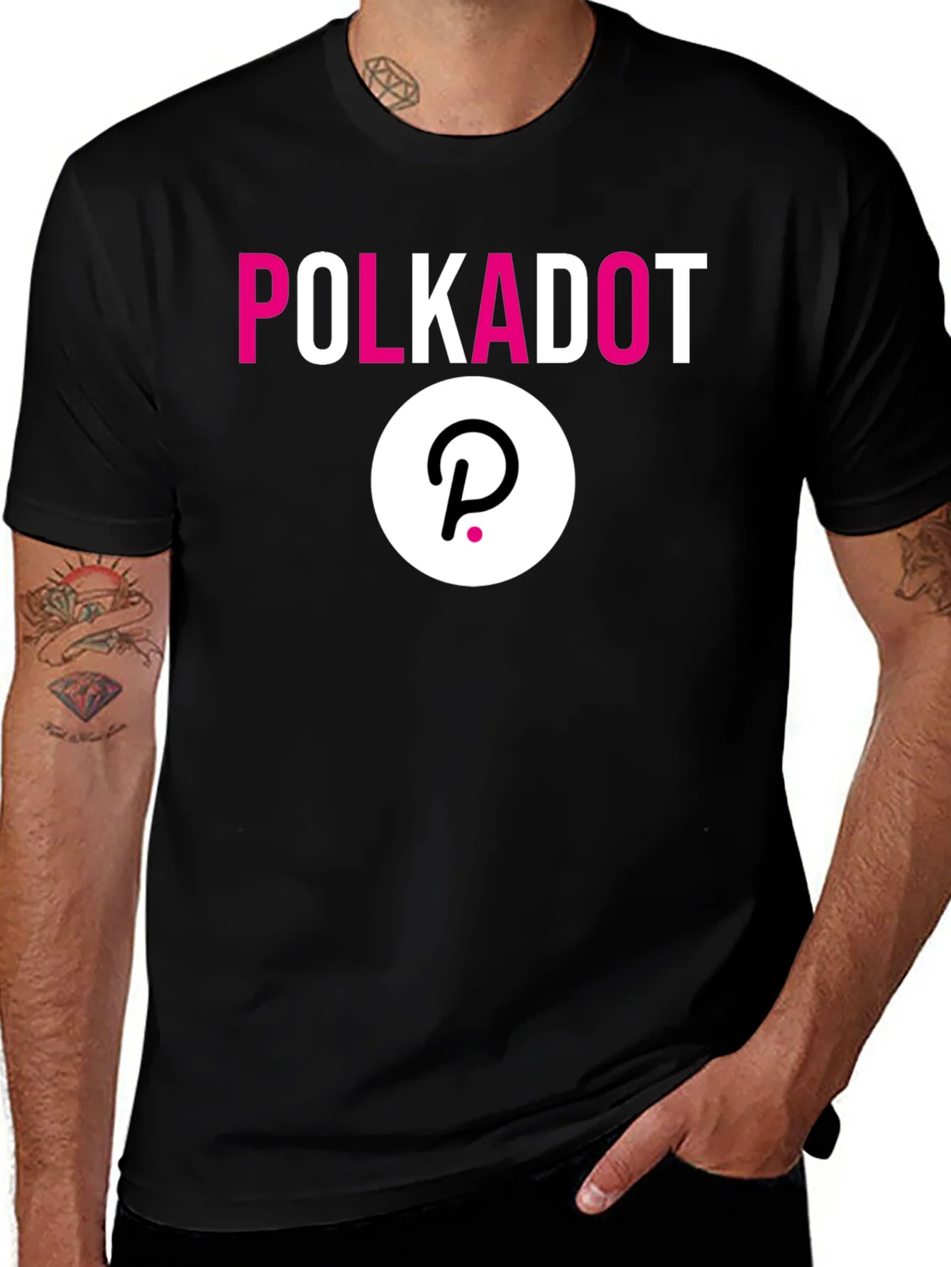 Rebbecca Polkadot Crypto Black T-Shirt - Stylish Blockchain Apparel