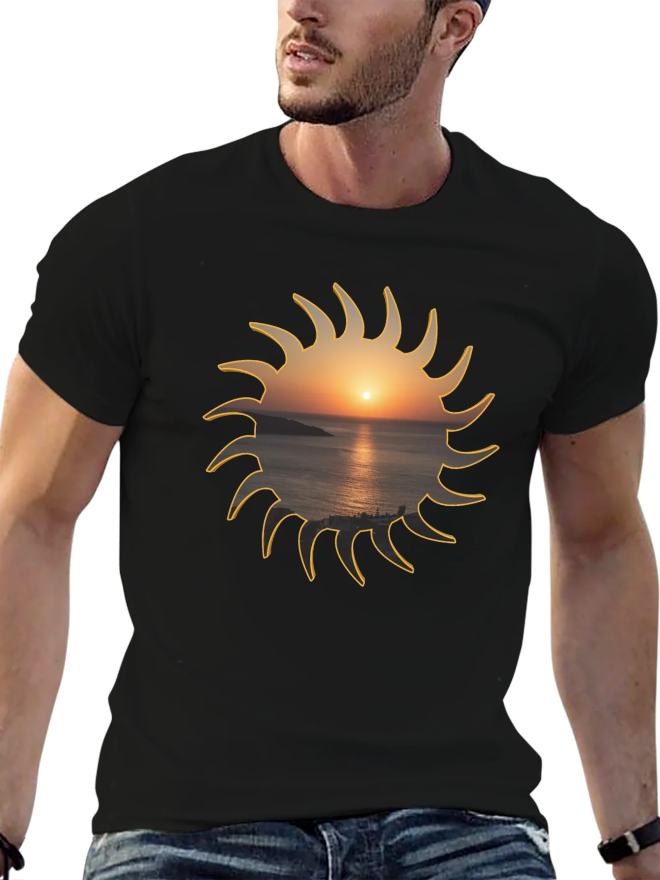 Camiseta Negra Sol con Atardecer Marino