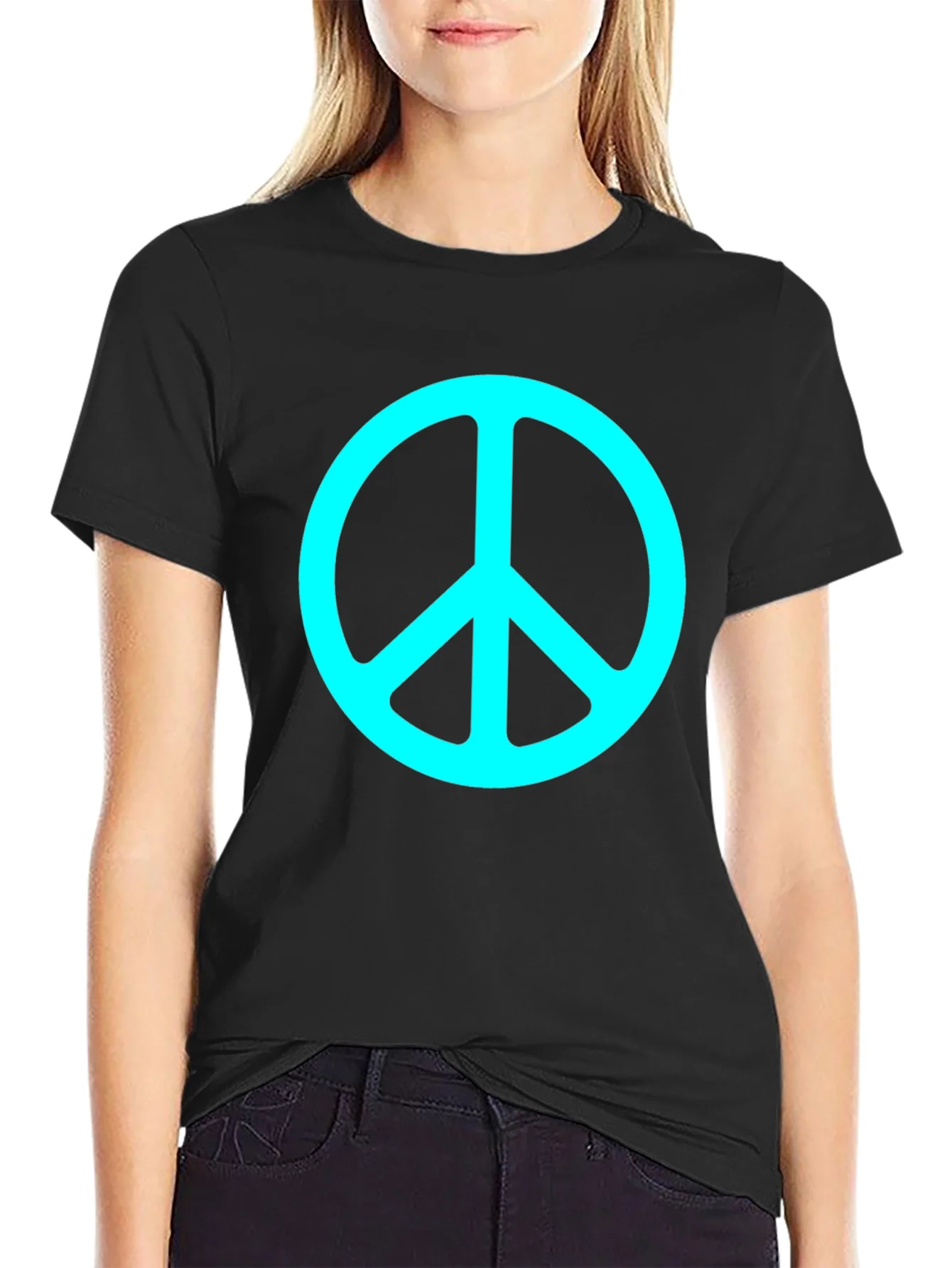 Camiseta Negra con S¨ªmbolo de Paz Turquesa