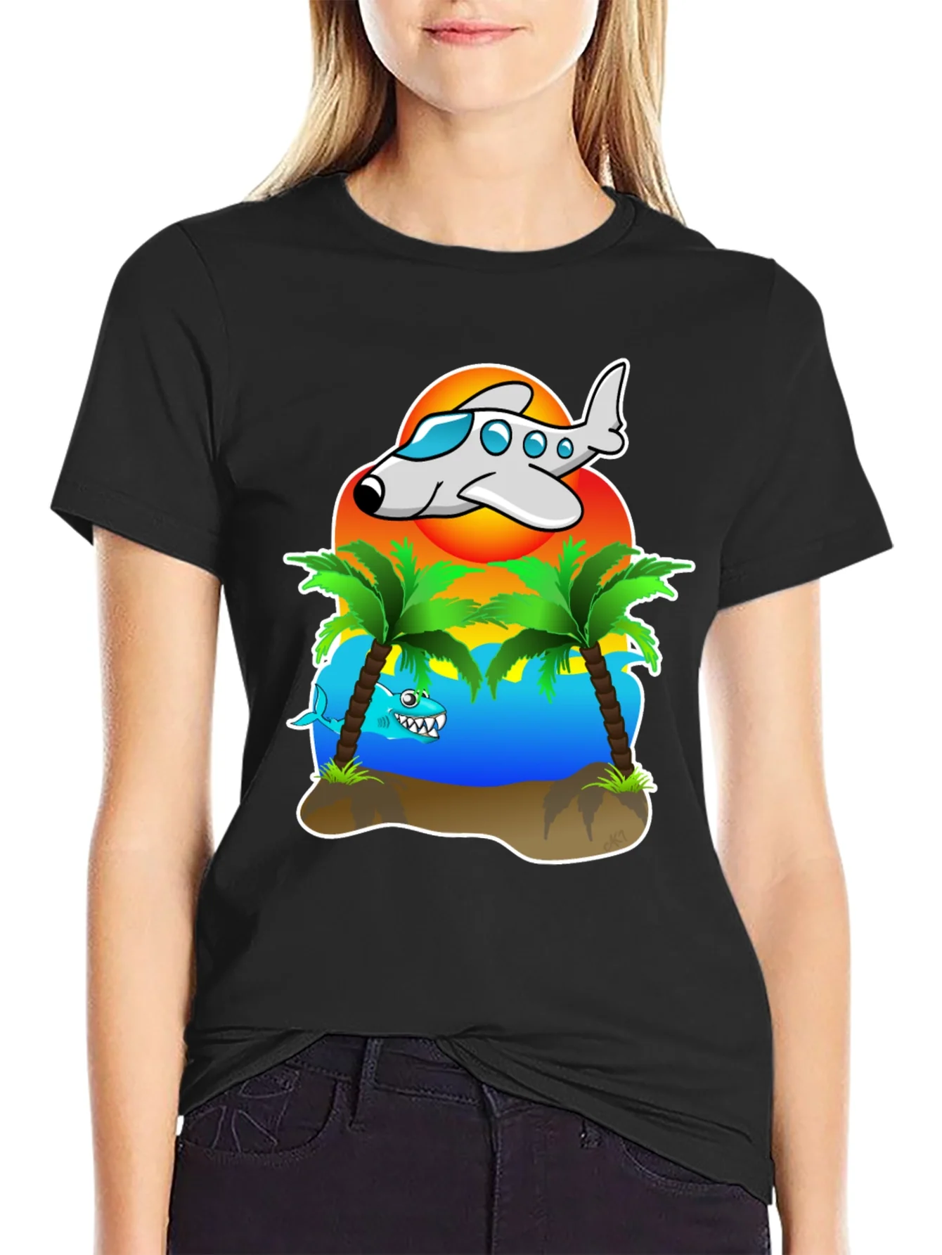 Rebbecca Tropical Getaway T-Shirt - Airplane & Shark Design