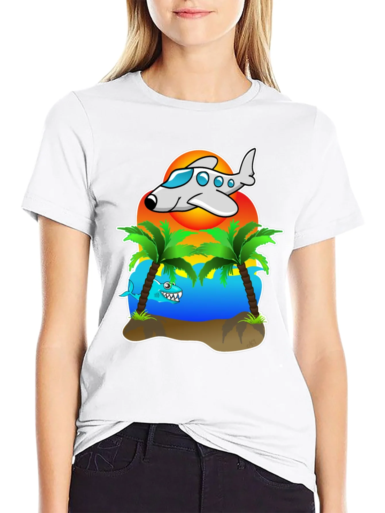 Rebbecca Tropical Getaway T-Shirt - Airplane & Shark Design