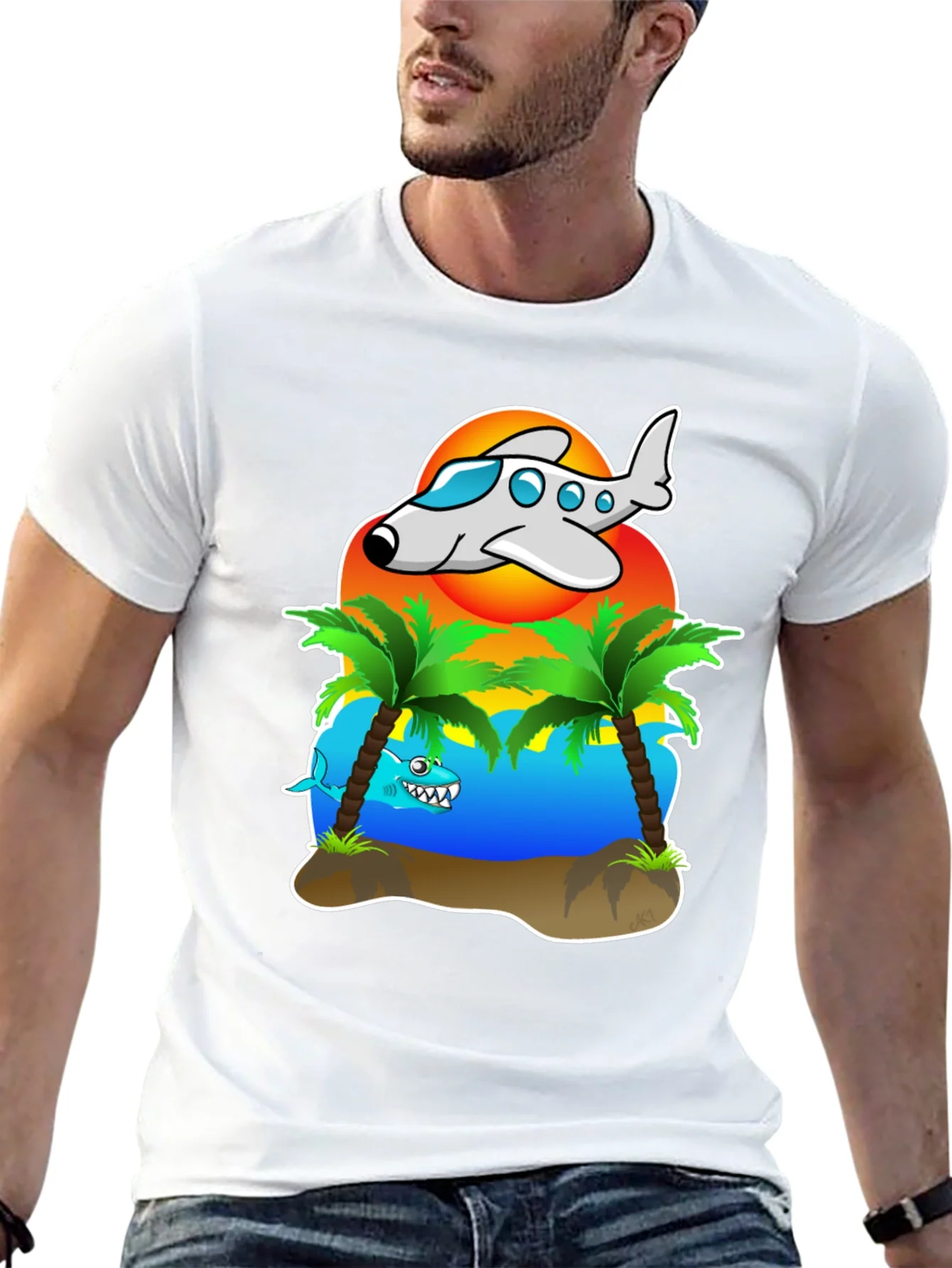 Rebbecca Tropical Getaway T-Shirt - Airplane & Shark Design