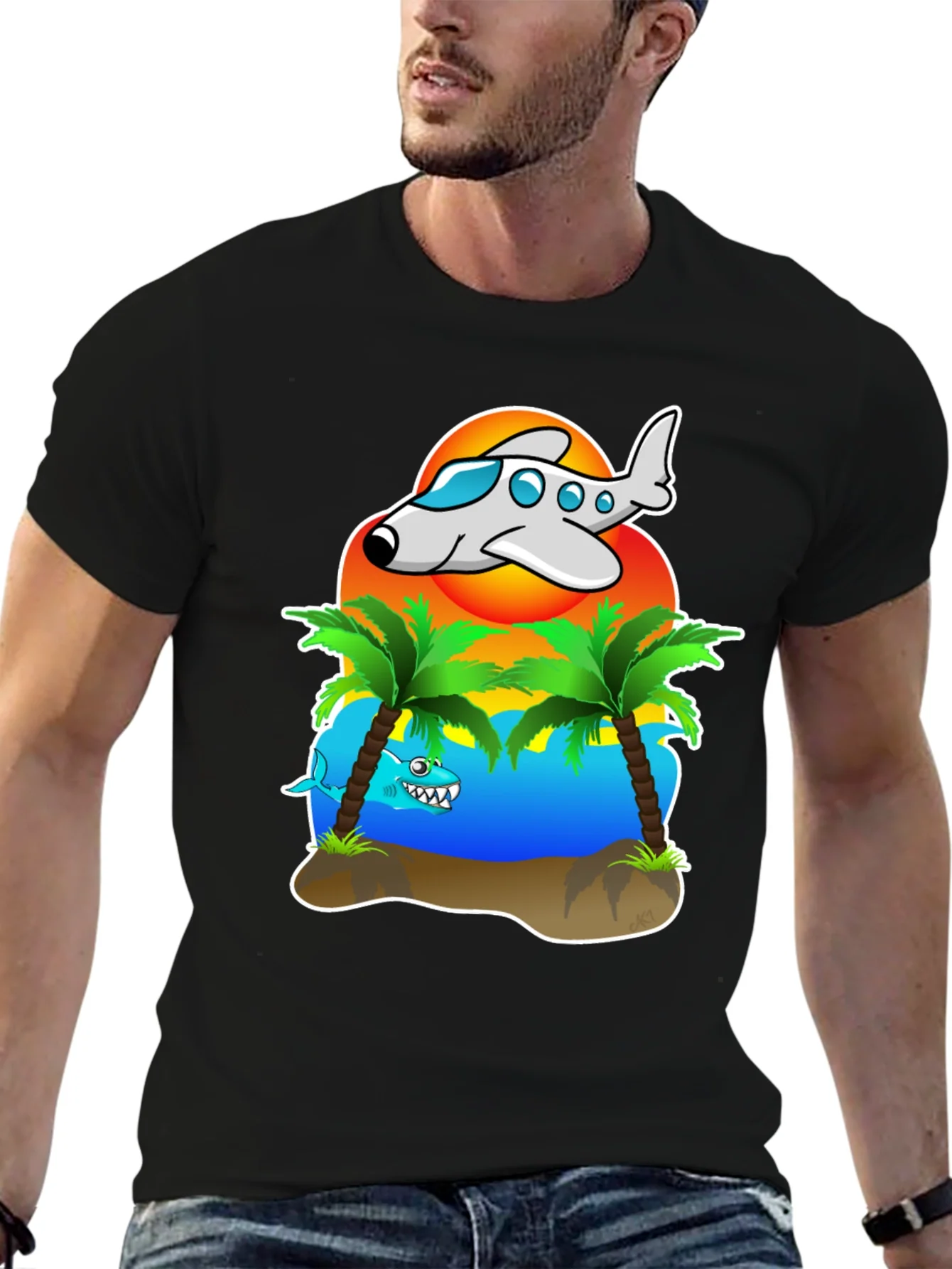 Rebbecca Tropical Getaway T-Shirt - Airplane & Shark Design