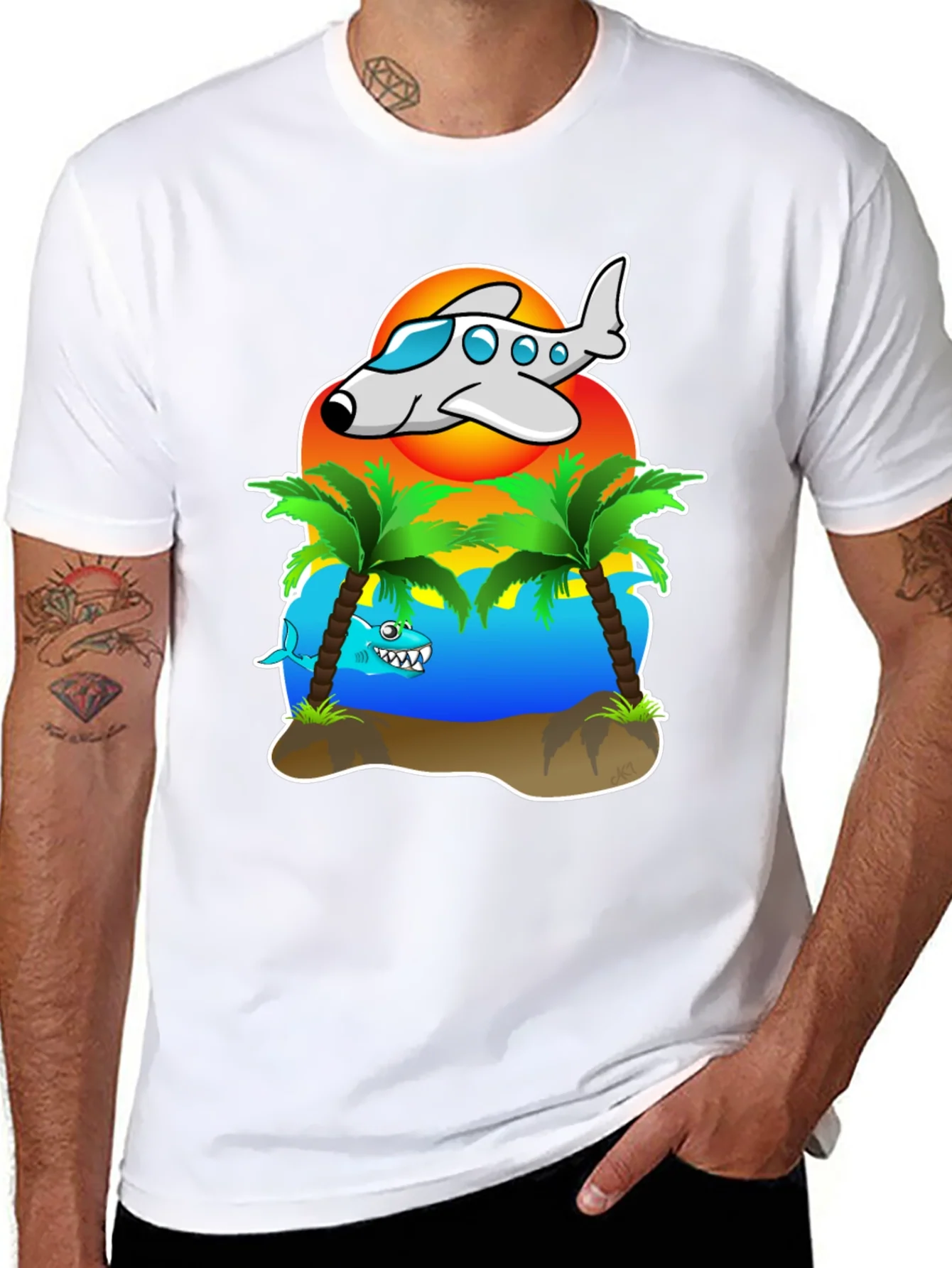 Rebbecca Tropical Getaway T-Shirt - Airplane & Shark Design