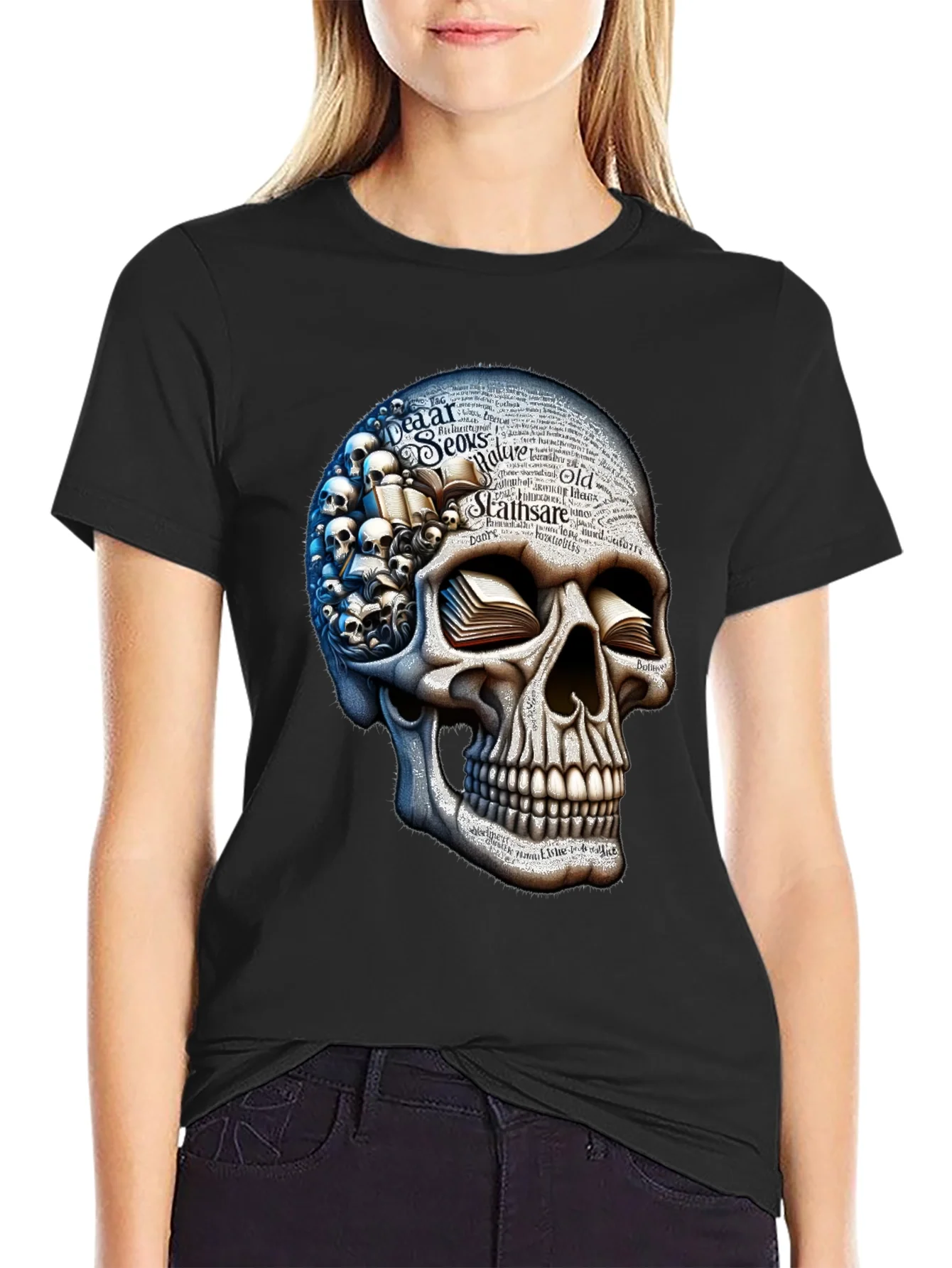 Rebbecca Skull with Books Graphic T-Shirt