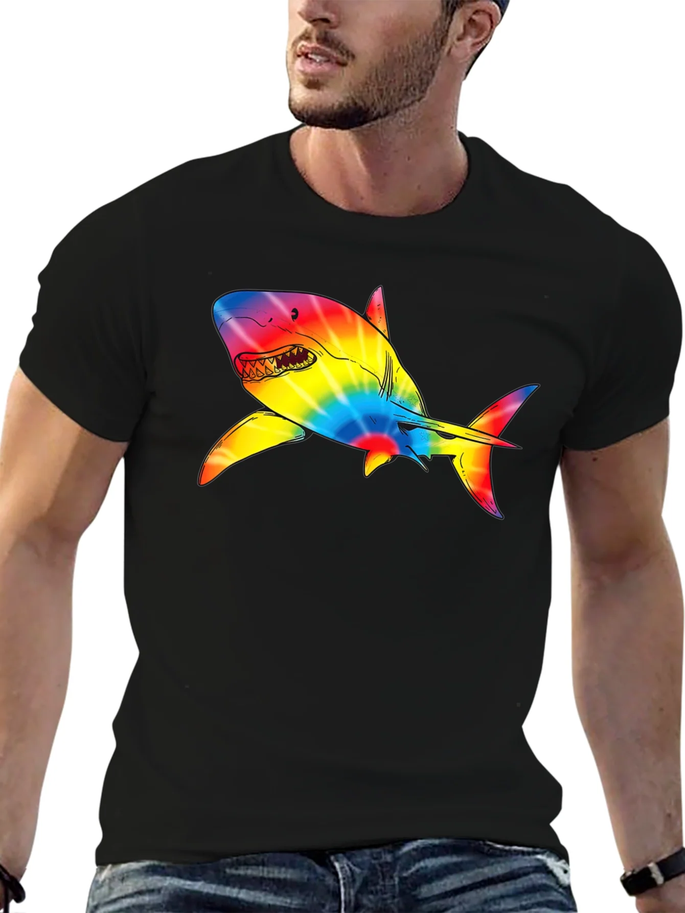 Camiseta Negra con Tibur¨®n Tie-Dye Psicod¨¦lico
