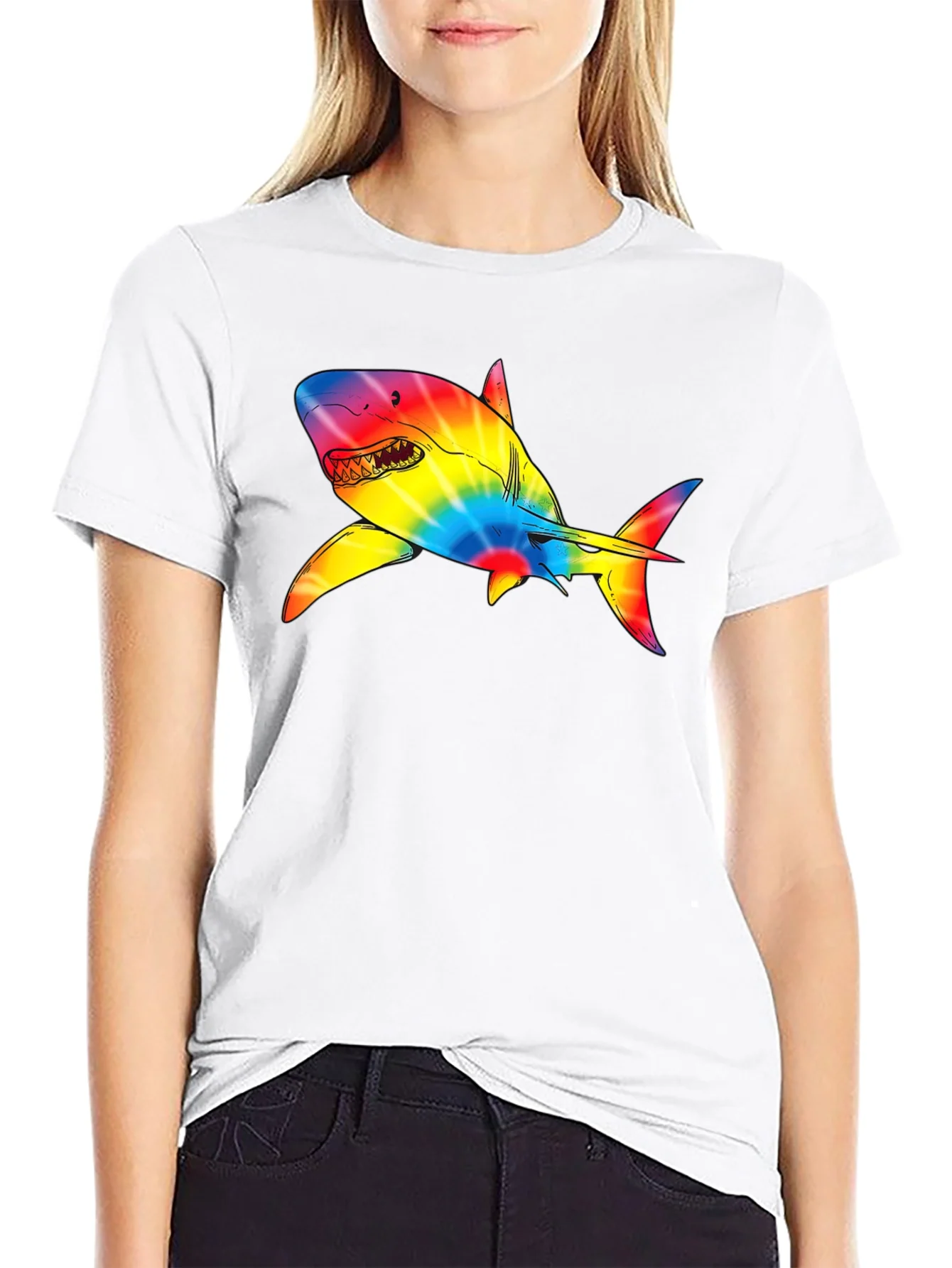 Camiseta Negra con Tibur¨®n Tie-Dye Psicod¨¦lico
