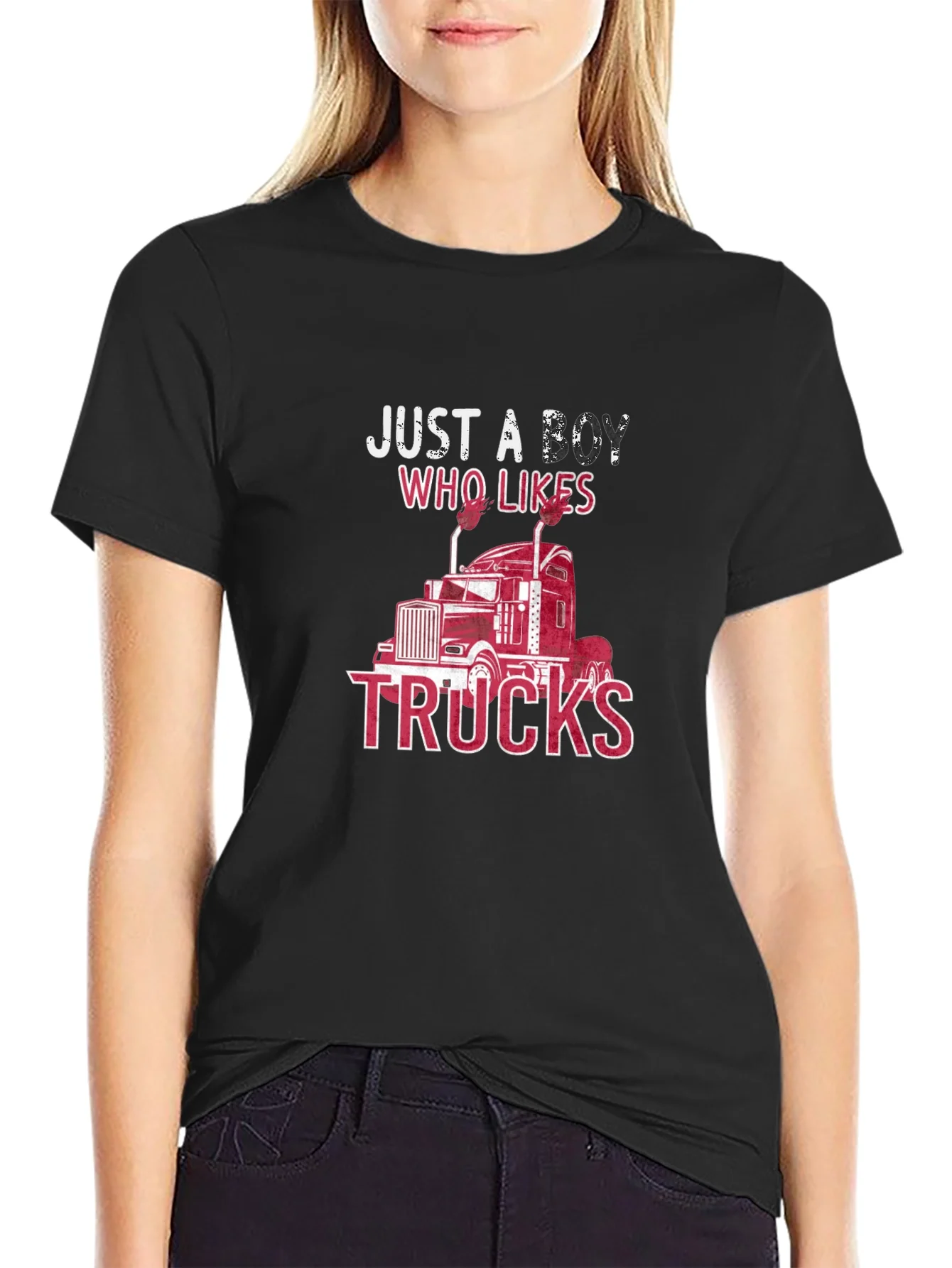Camiseta Negra: Just A Boy Who Likes Trucks