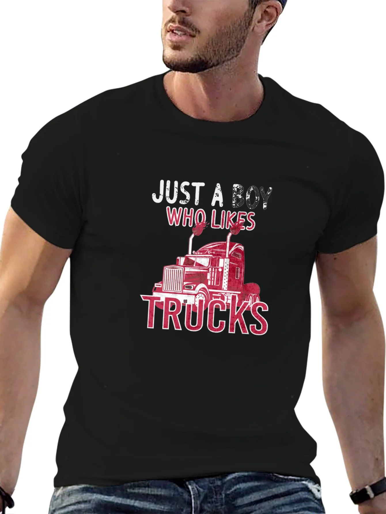 Camiseta Negra: Just A Boy Who Likes Trucks