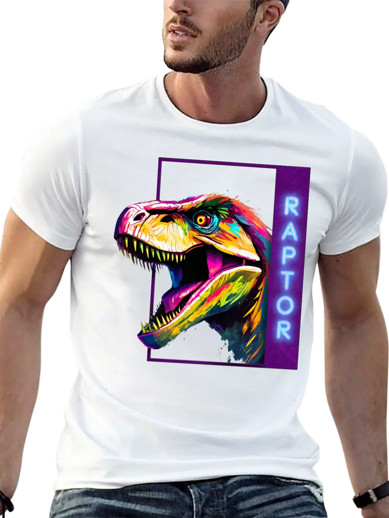 Camiseta Negra con Dise?o de Dinosaurio Raptor Ne¨®n