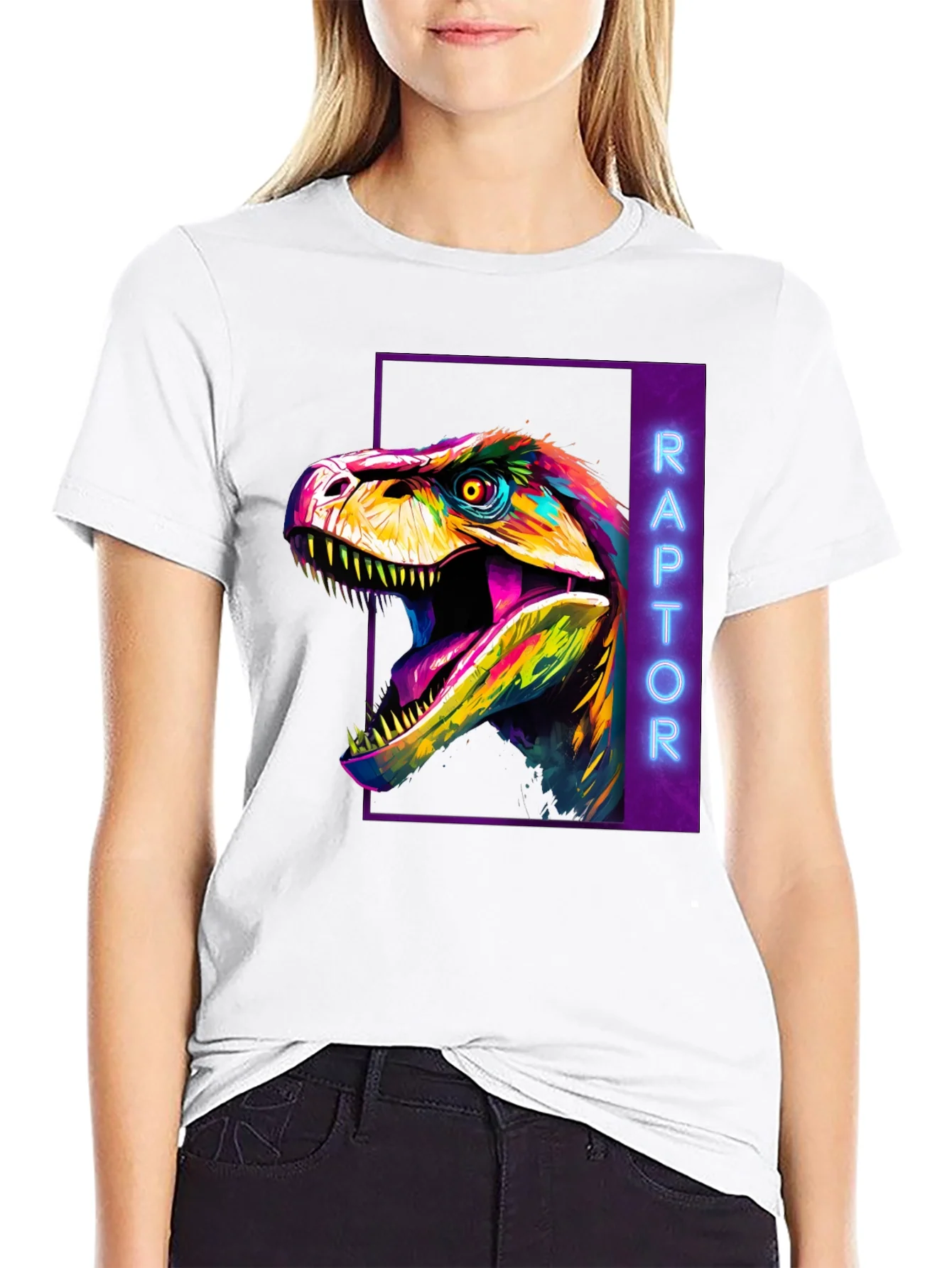 Camiseta Negra con Dise?o de Dinosaurio Raptor Ne¨®n