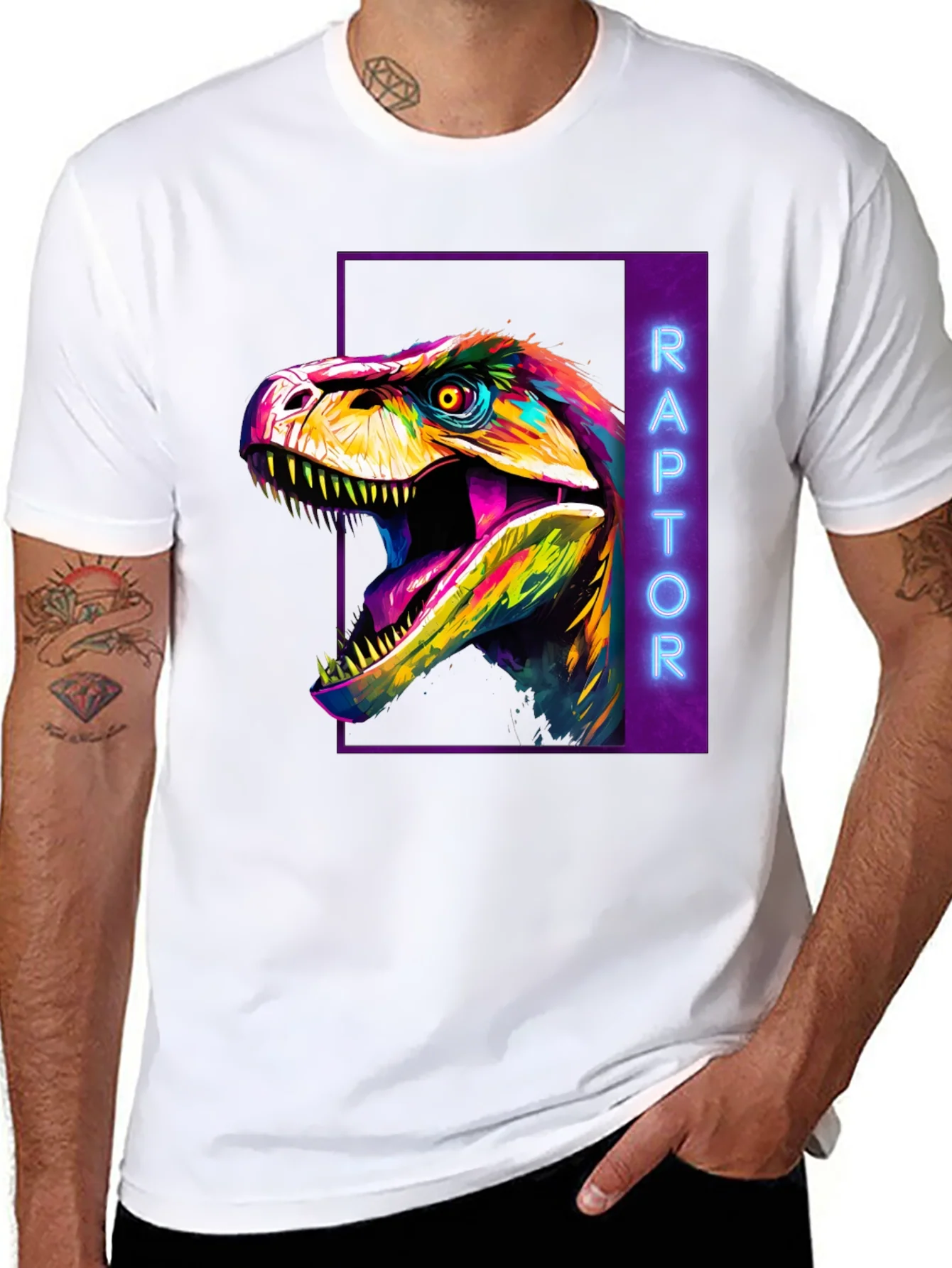 Camiseta Negra con Dise?o de Dinosaurio Raptor Ne¨®n