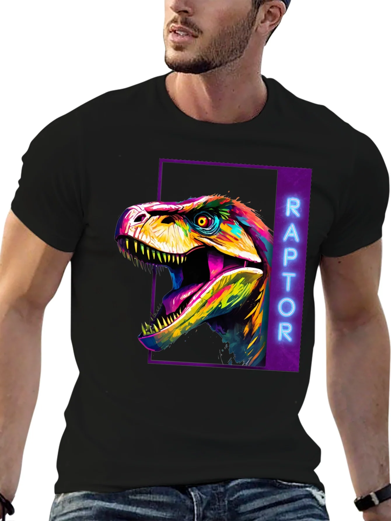 Camiseta Negra con Dise?o de Dinosaurio Raptor Ne¨®n