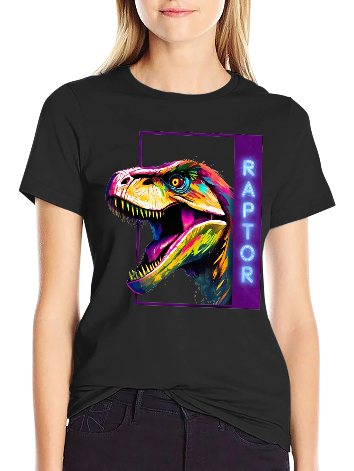 Camiseta Negra con Dise?o de Dinosaurio Raptor Ne¨®n