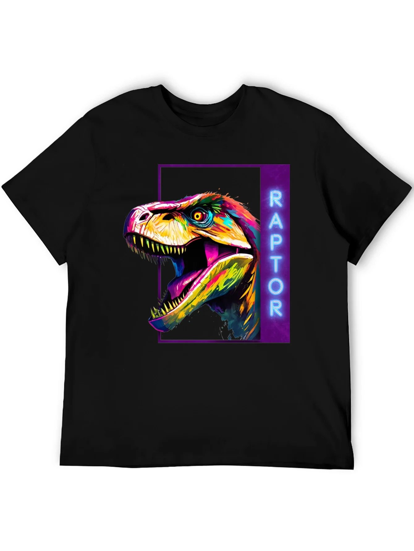Camiseta Negra con Dise?o de Dinosaurio Raptor Ne¨®n