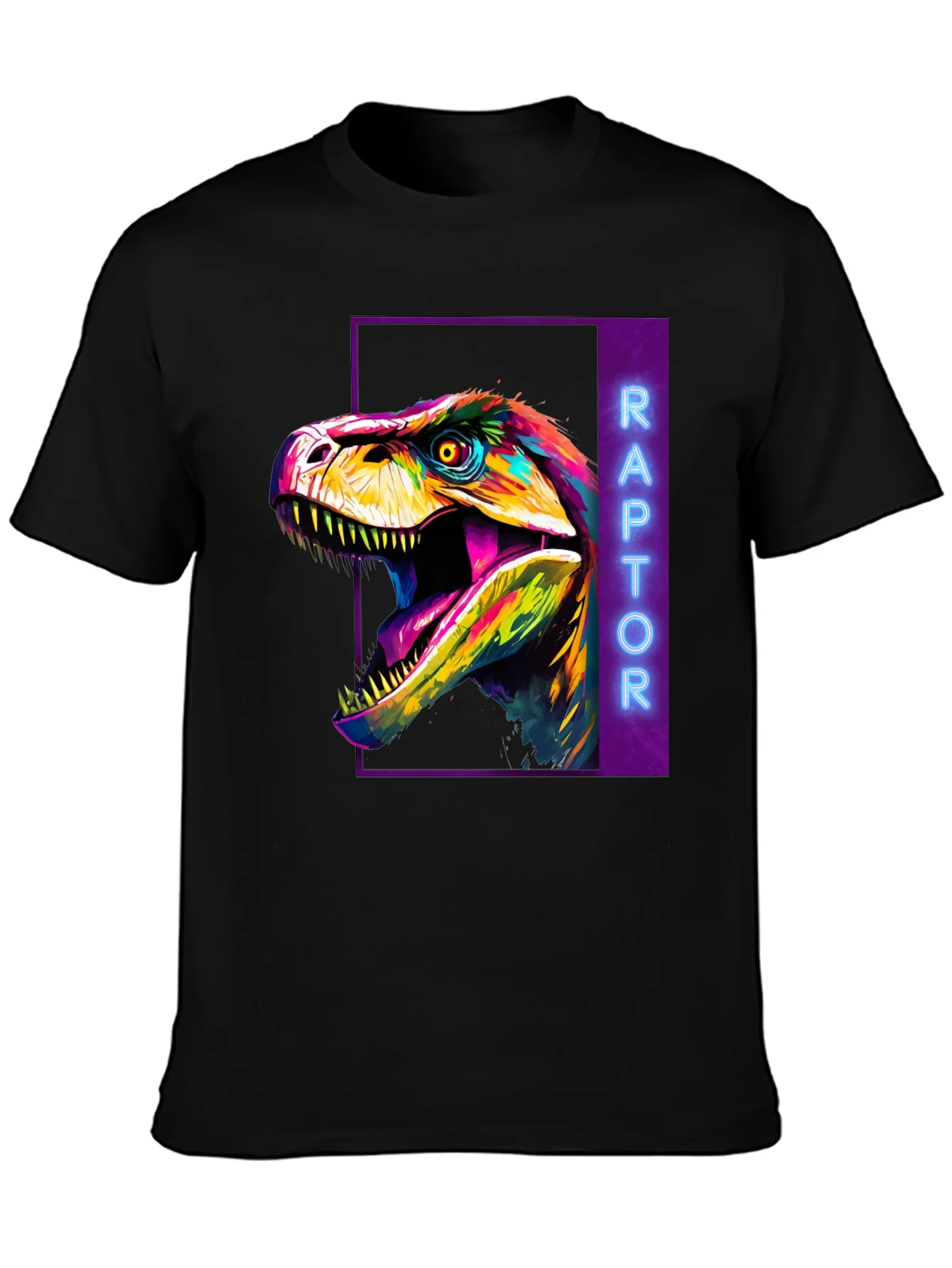 Camiseta Negra con Dise?o de Dinosaurio Raptor Ne¨®n