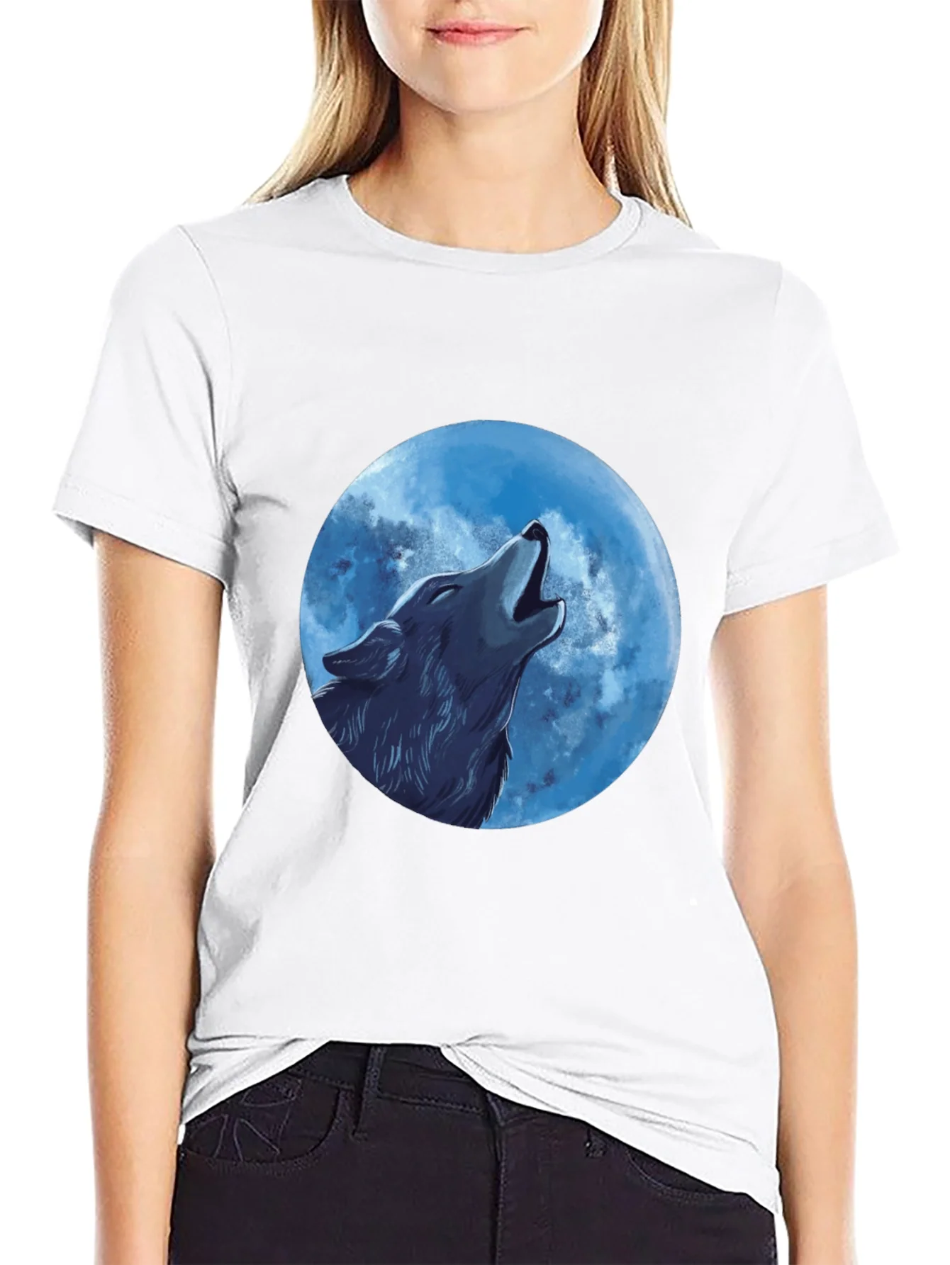 Camiseta Negra Hombre: Lobo Aullando a la Luna