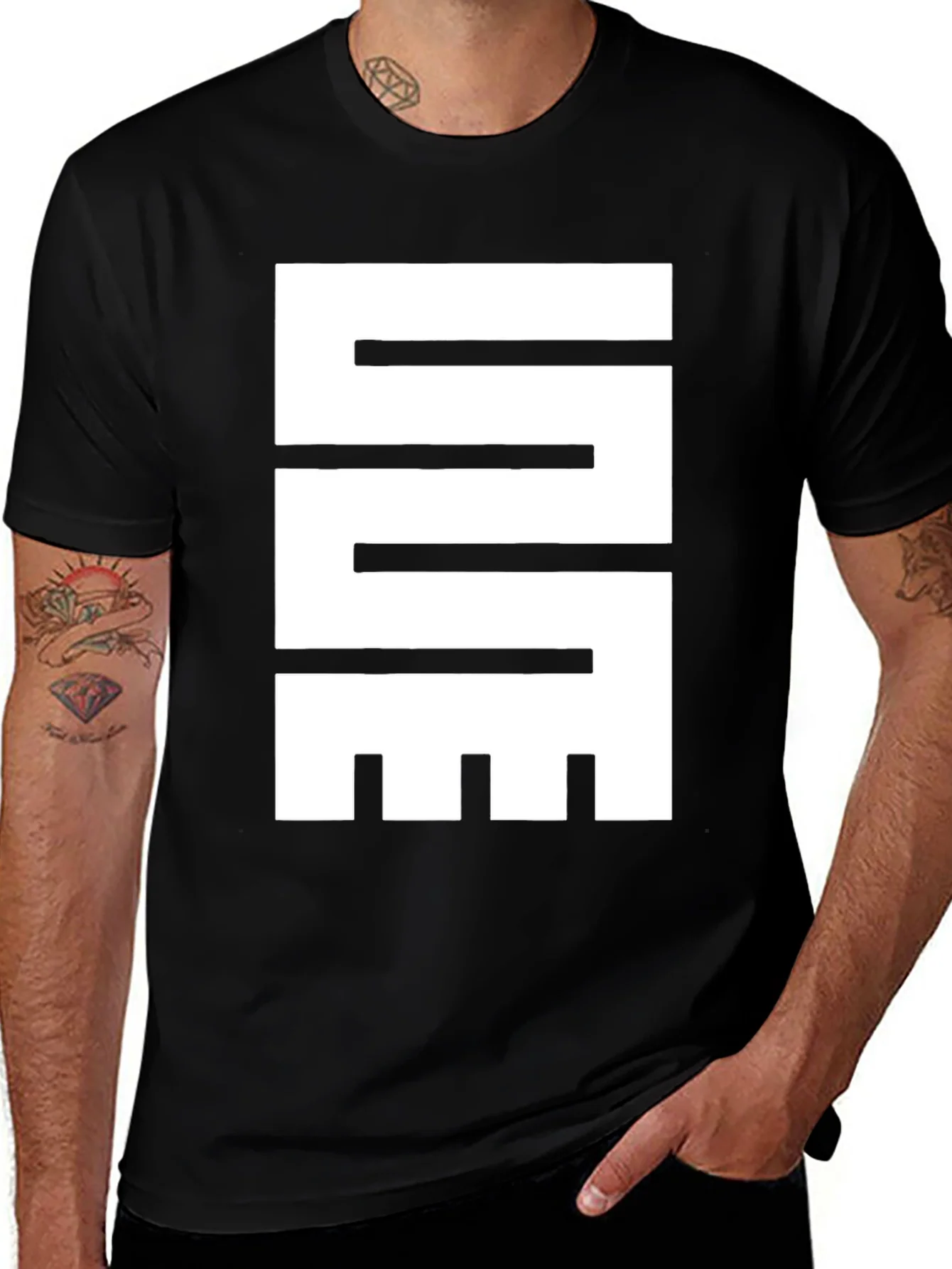 Camiseta Negra con Dise?o Gr¨¢fico Abstracto en Blanco