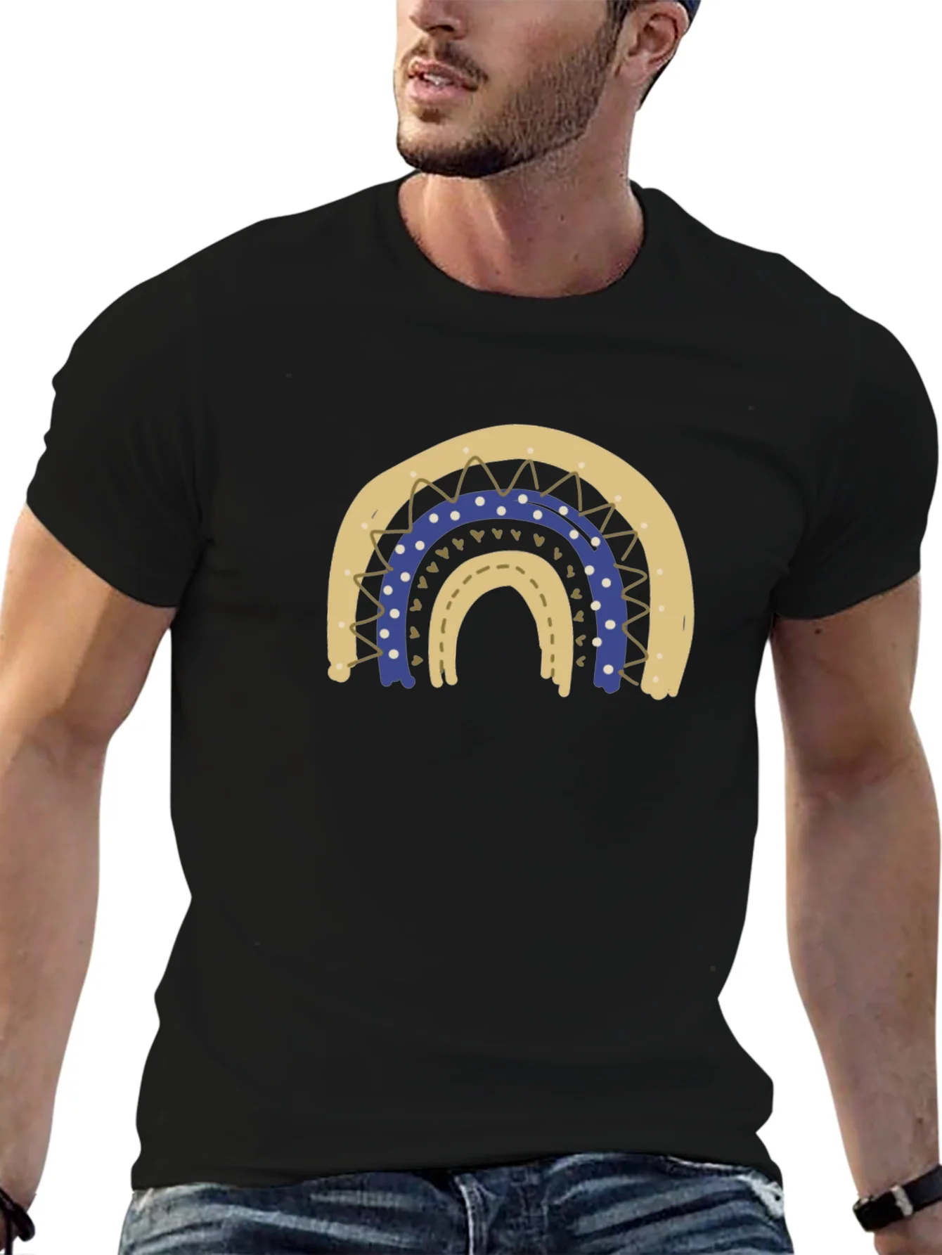 Camiseta Negra con Arco Iris Estilizado