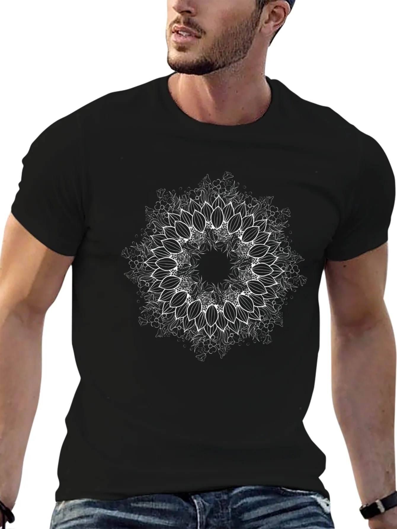 Camiseta Negra con Mandala Floral Blanca