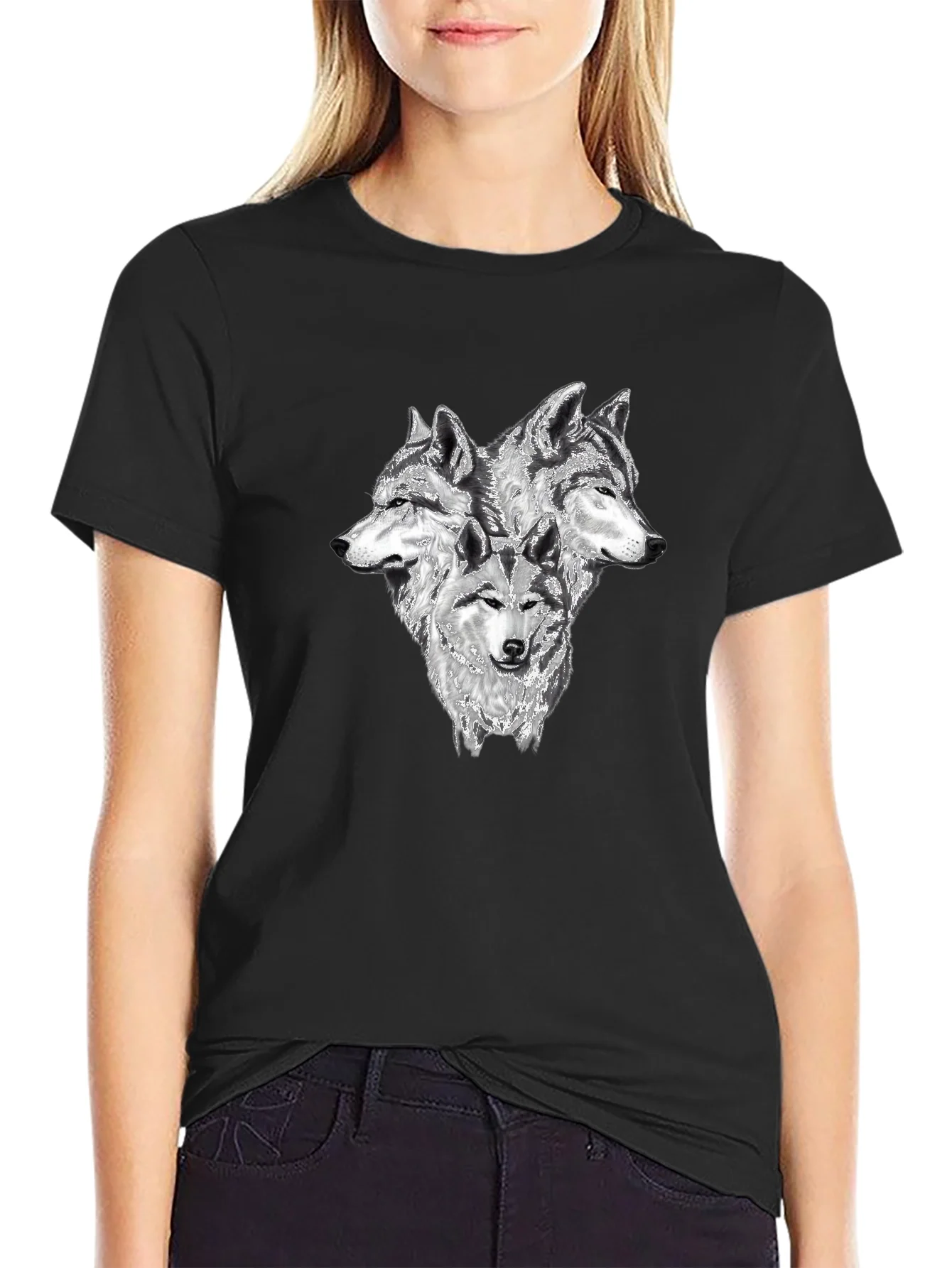 Rebbecca Three Wolf Head Graphic T-Shirt - Black