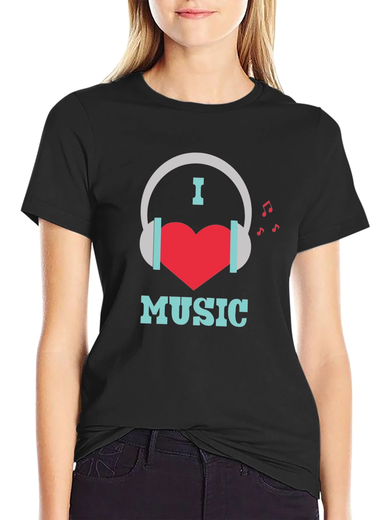 Rebbecca I Heart Music Graphic Print Black T-Shirt