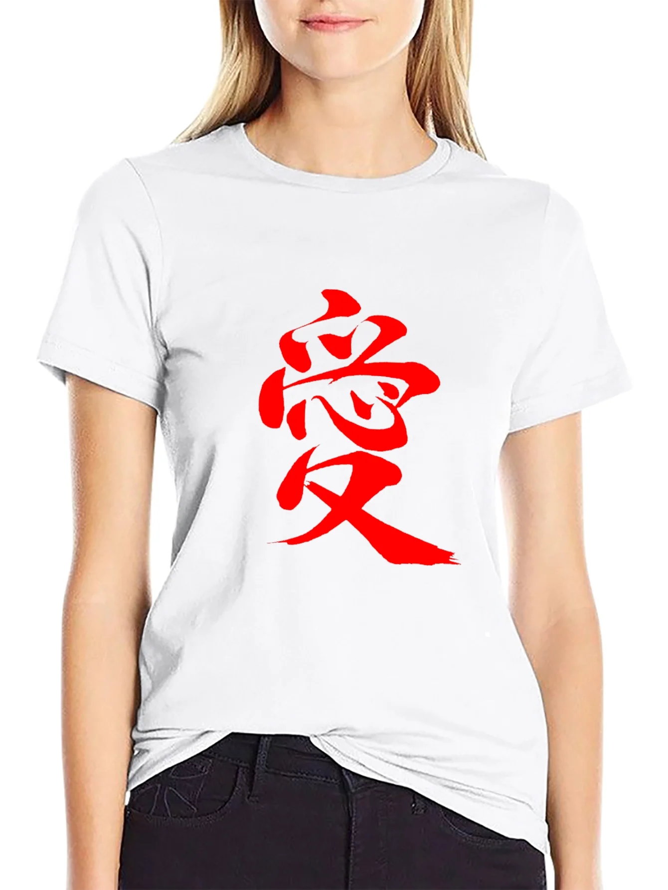 Camiseta Negra con Estampado Rojo Amor Estilo Japon¨¦s