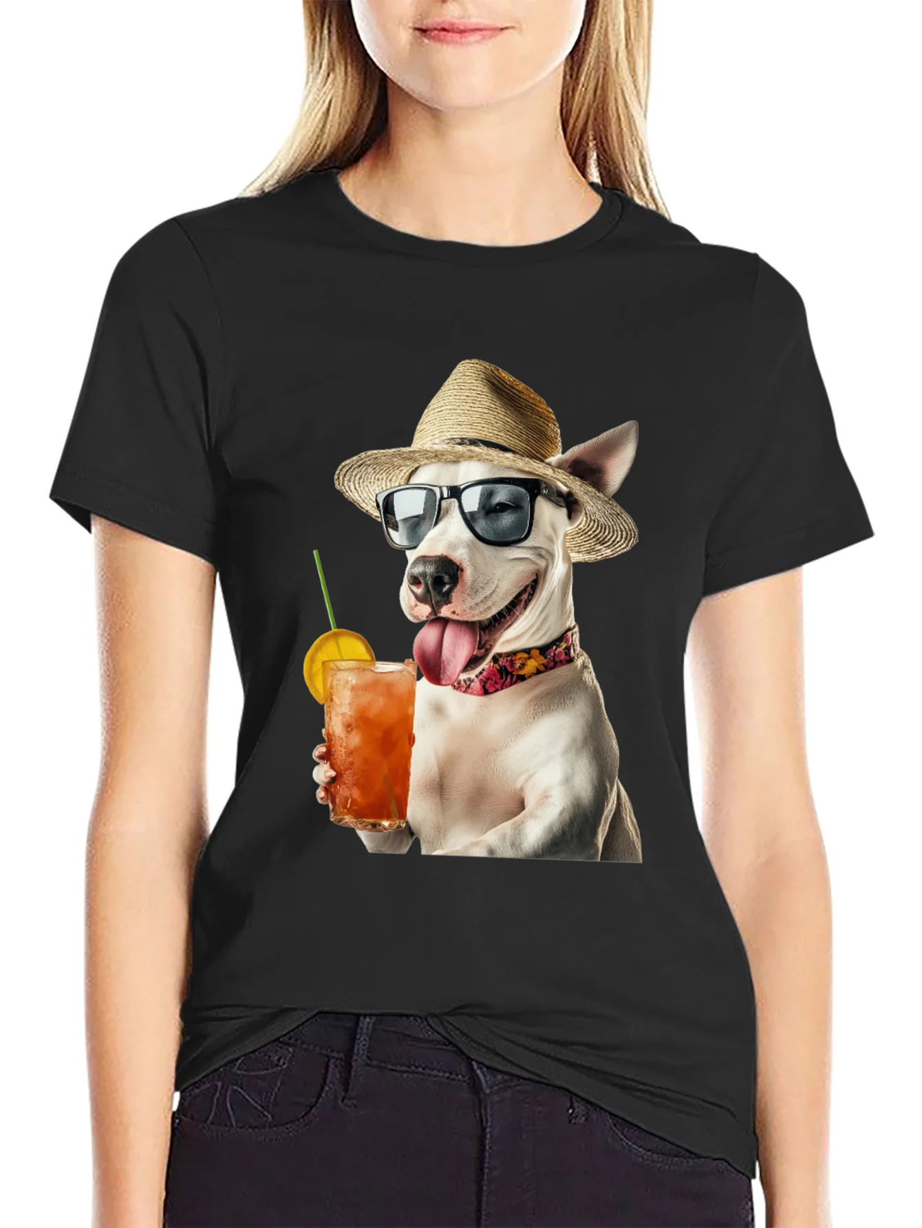Camiseta Negra con Perro Bebiendo C¨®ctel