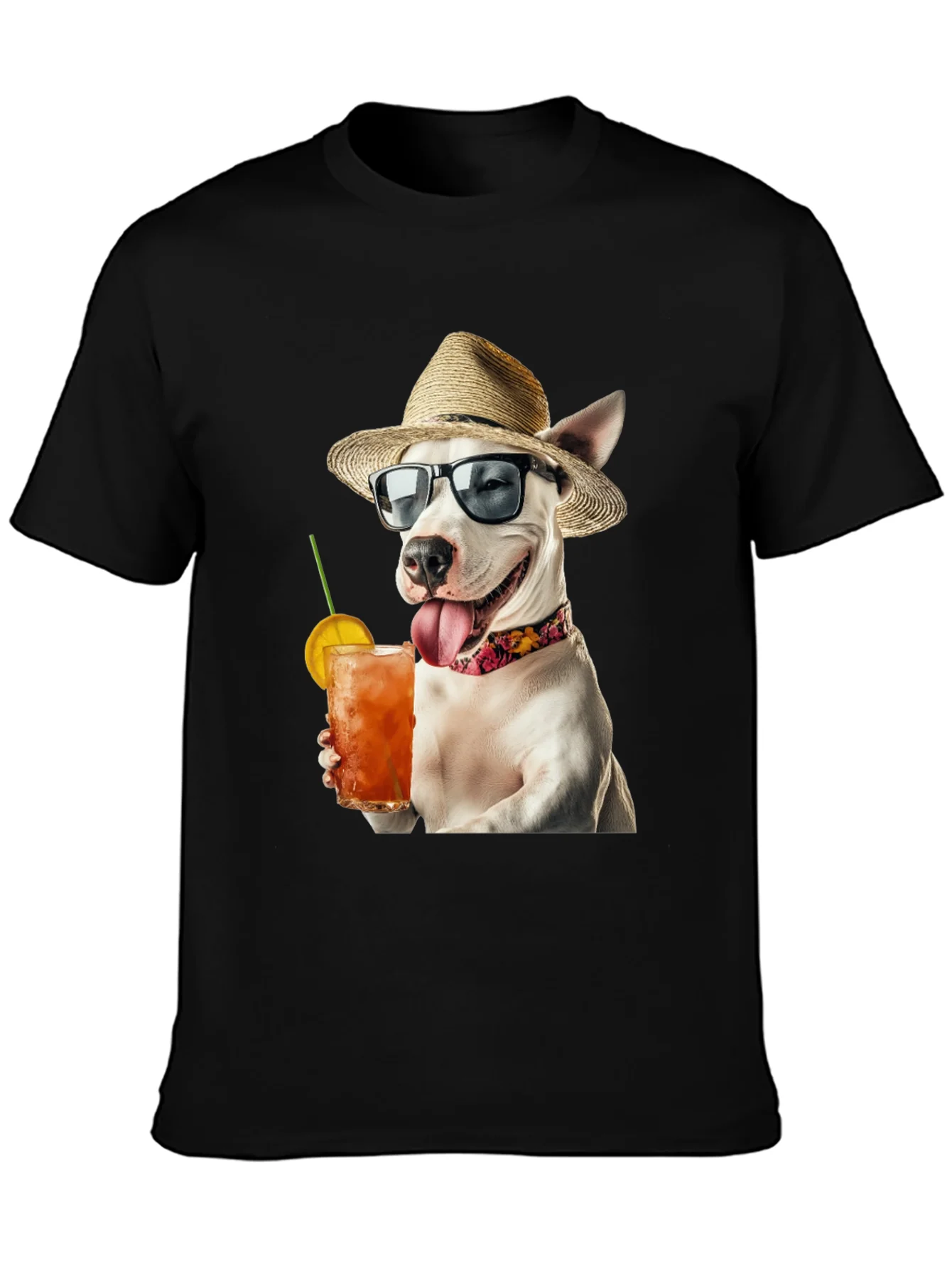 Camiseta Negra con Perro Bebiendo C¨®ctel