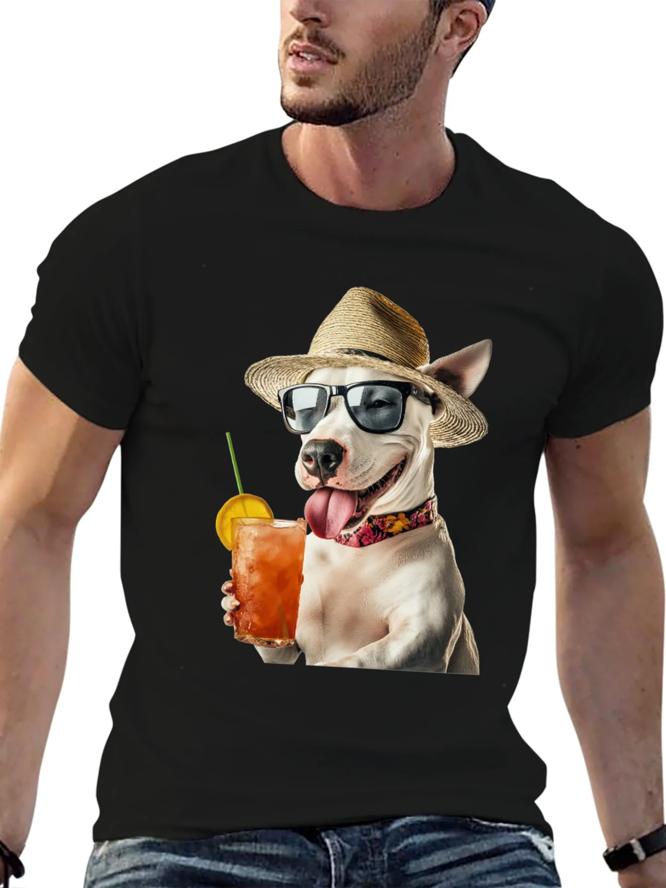Camiseta Negra con Perro Bebiendo C¨®ctel