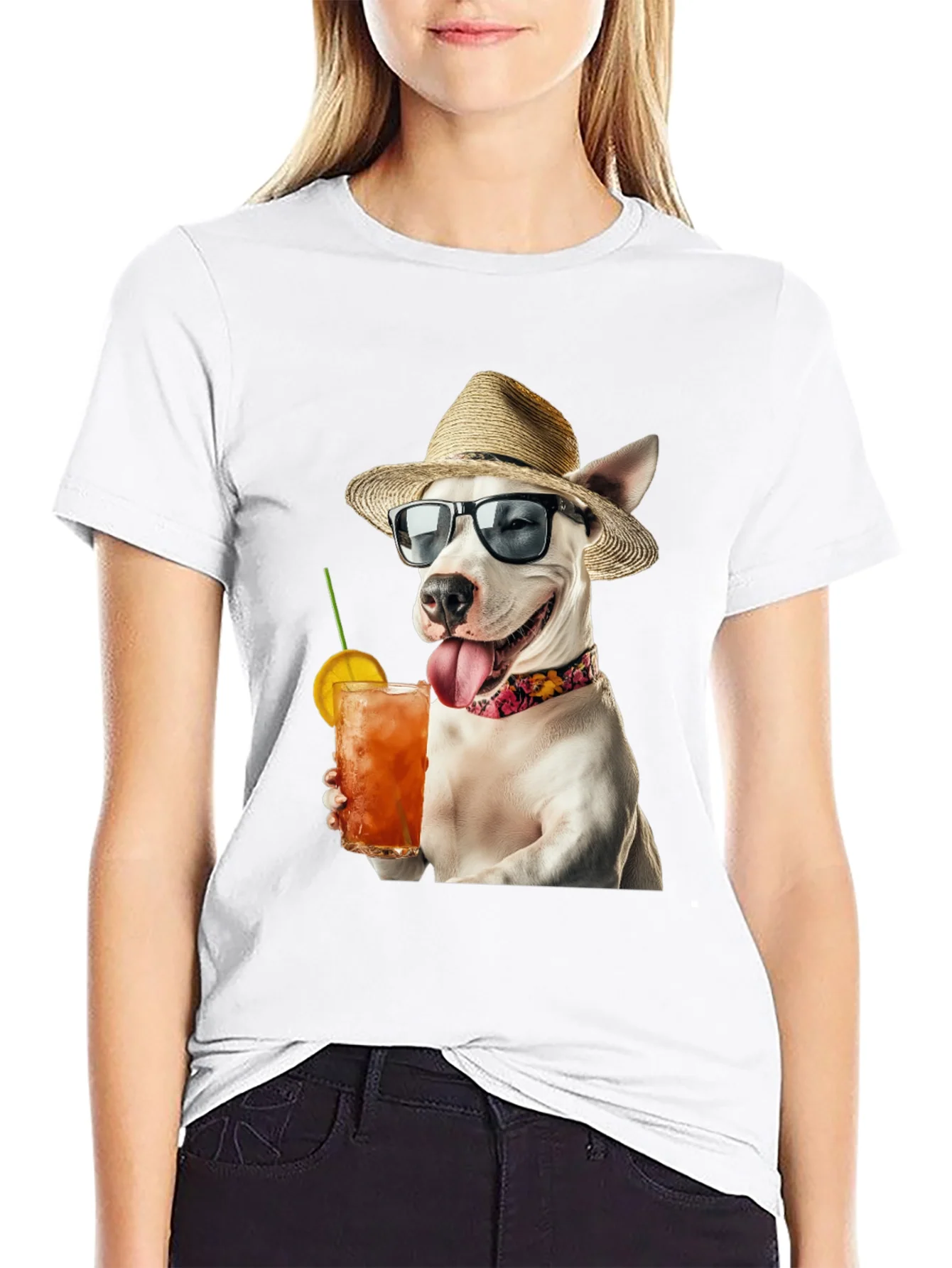 Camiseta Negra con Perro Bebiendo C¨®ctel