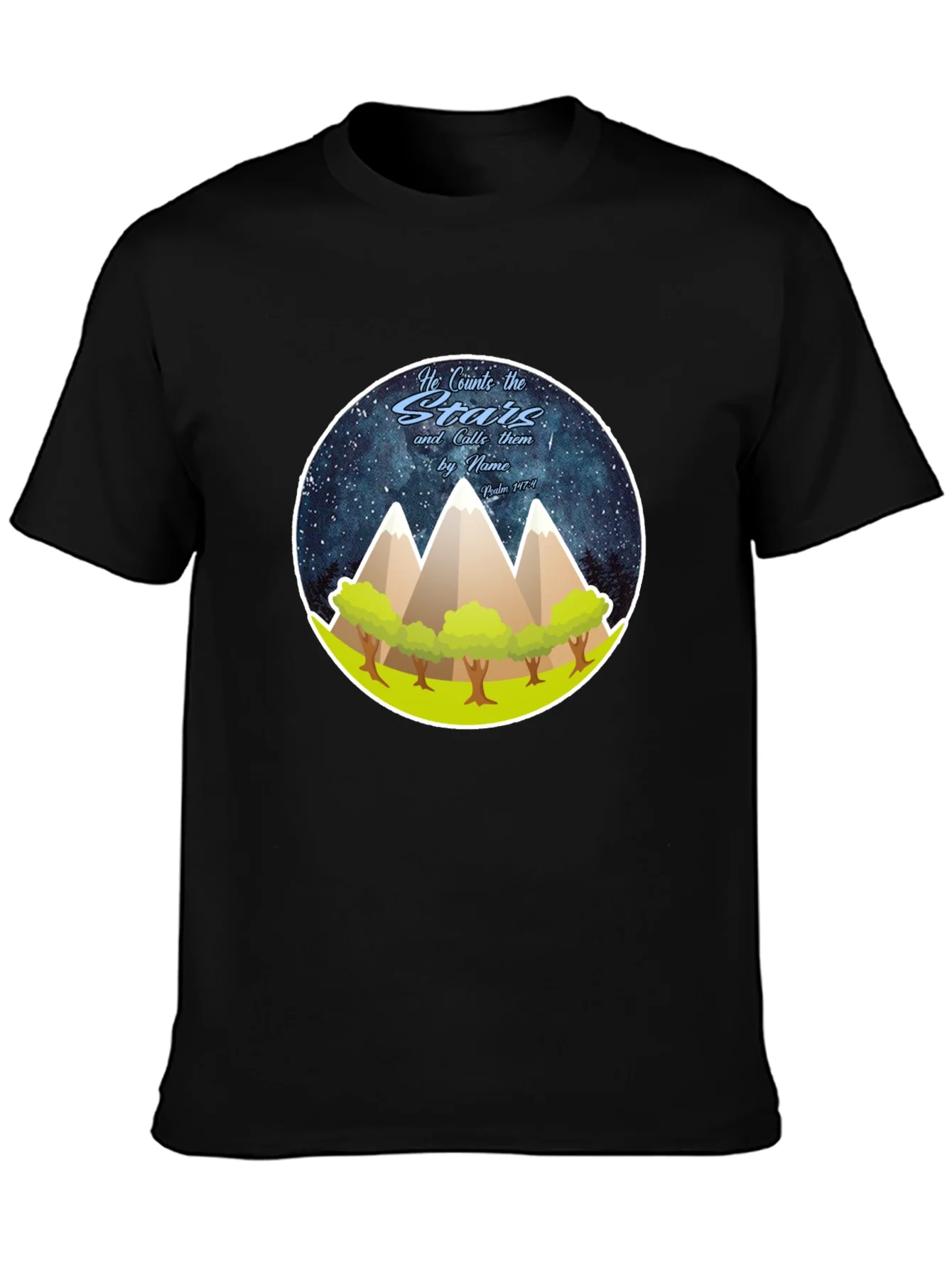 Camiseta Negra con Dise?o de Monta?as y Estrellas