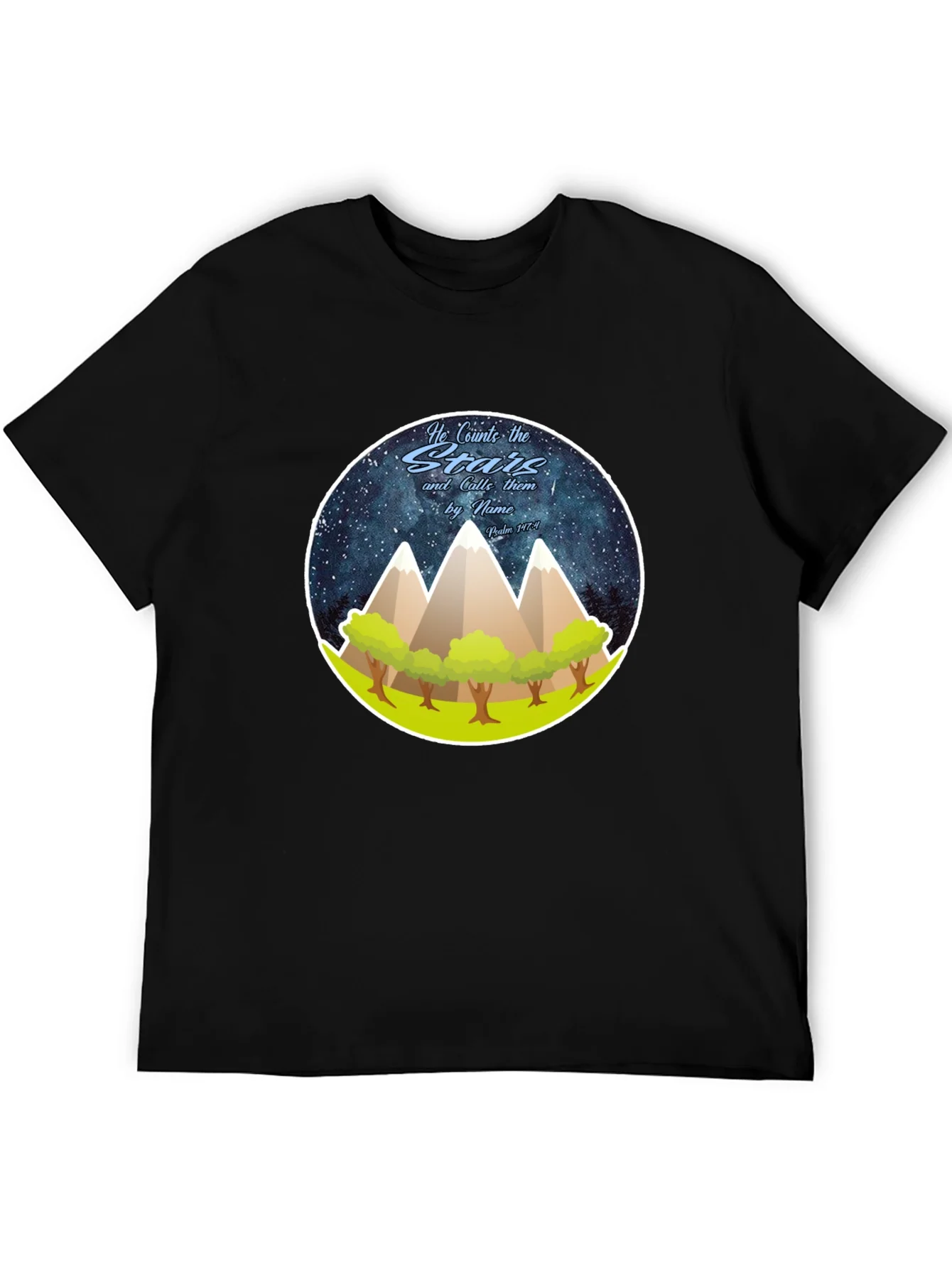 Camiseta Negra con Dise?o de Monta?as y Estrellas