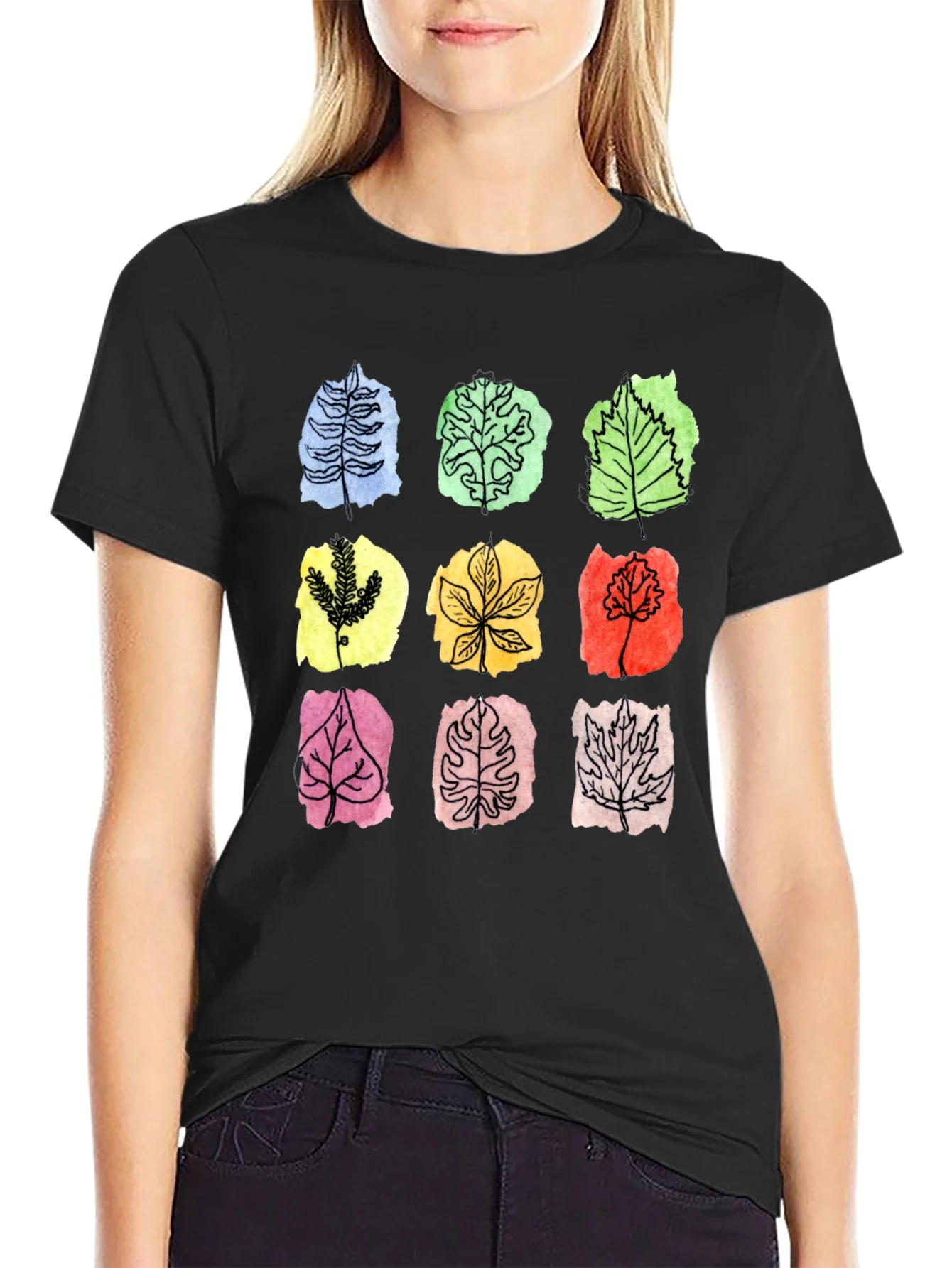 Rebbecca Botanical Leaf Print Black T-Shirt