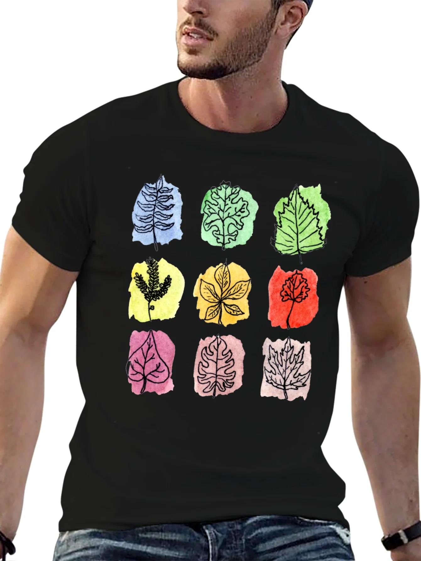 Rebbecca Botanical Leaf Print Black T-Shirt