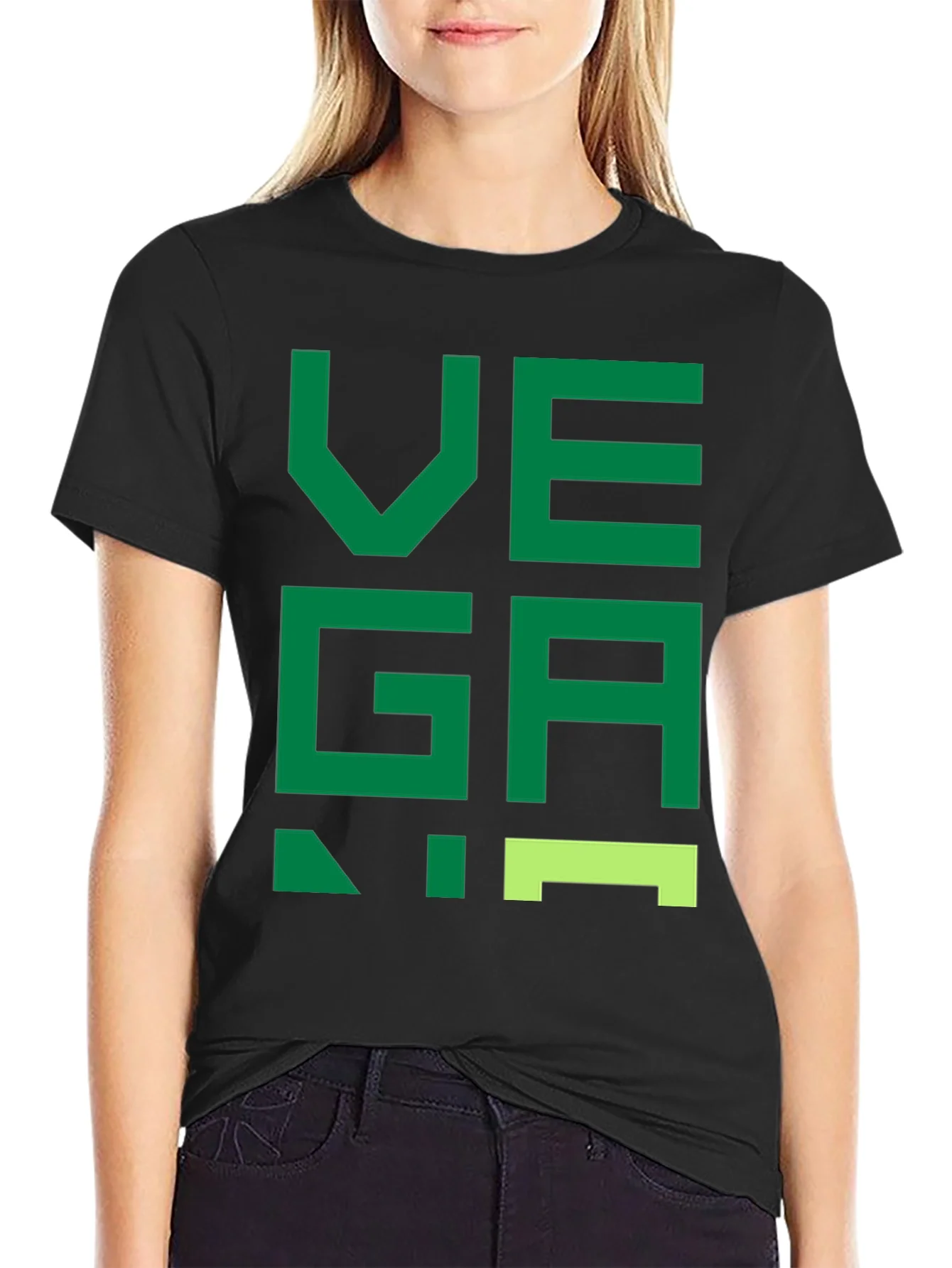 Camiseta Negra con Dise?o Vegano Verde Pixelado