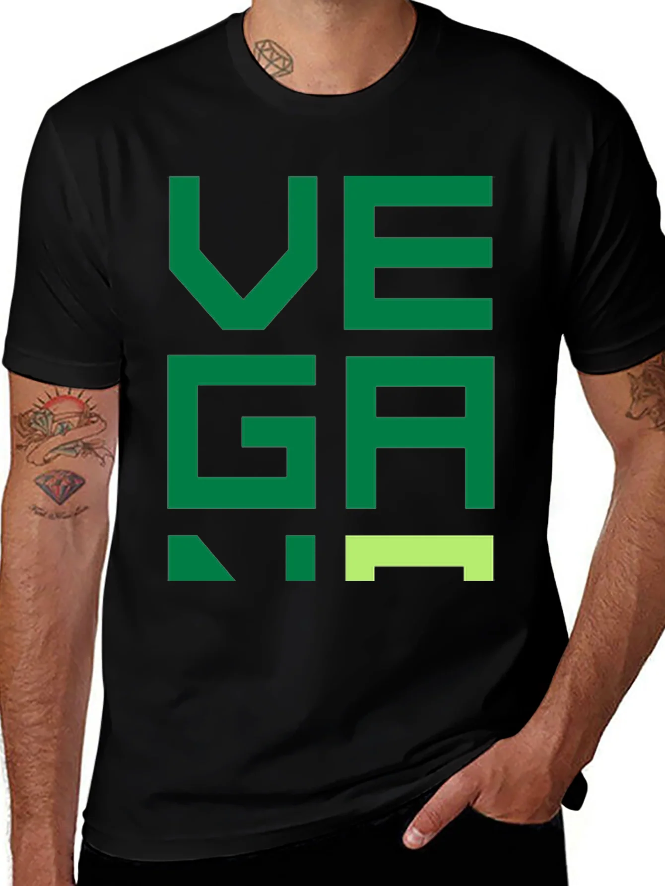 Camiseta Negra con Dise?o Vegano Verde Pixelado