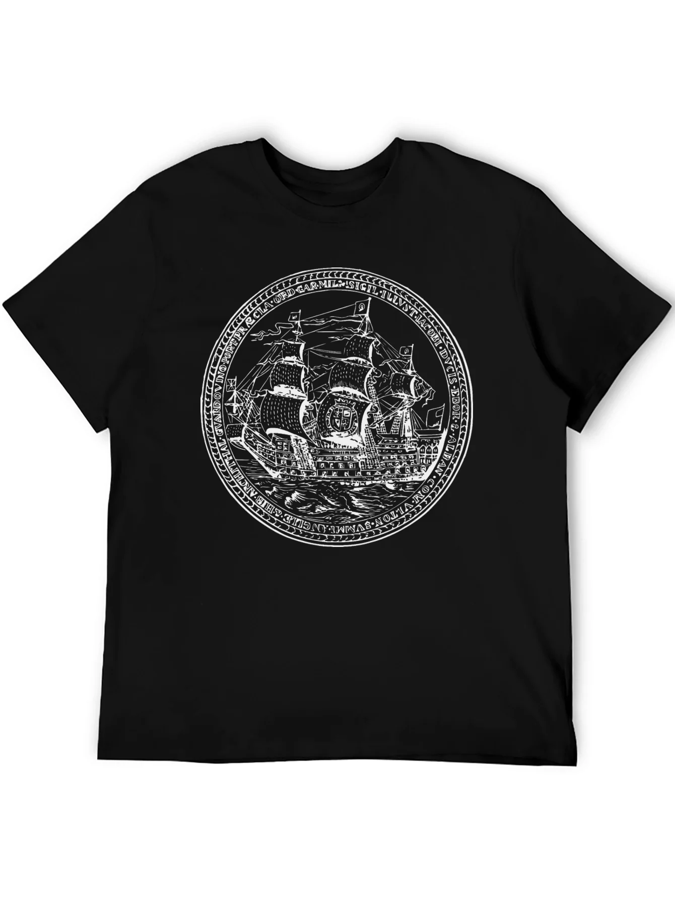 Camiseta Negra con Dise?o de Barco Antiguo
