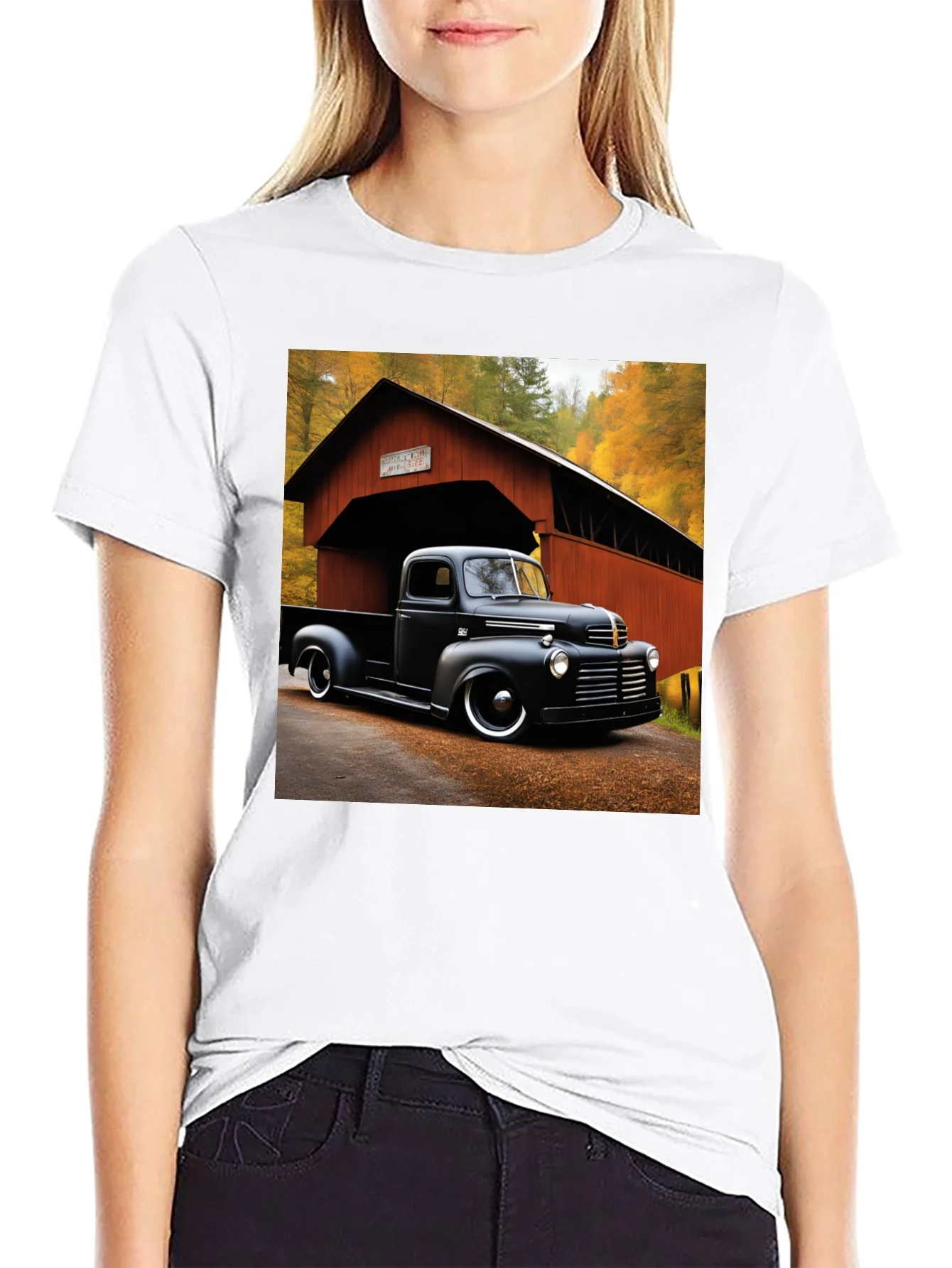 Rebbecca Classic Truck T-Shirt - Covered Bridge Backdrop