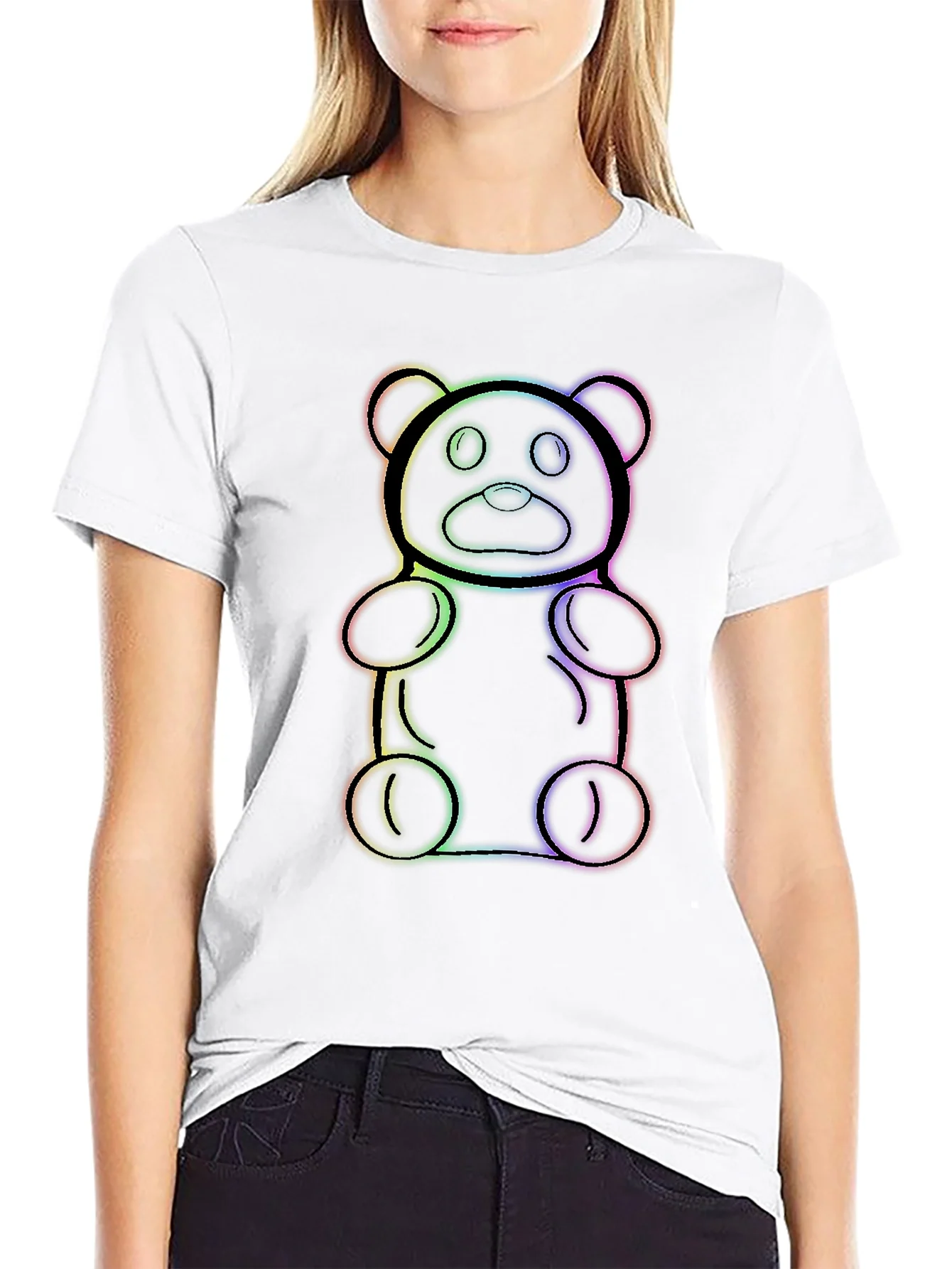 Camiseta Negra con Dise?o de Oso de Gominola Arco¨ªris