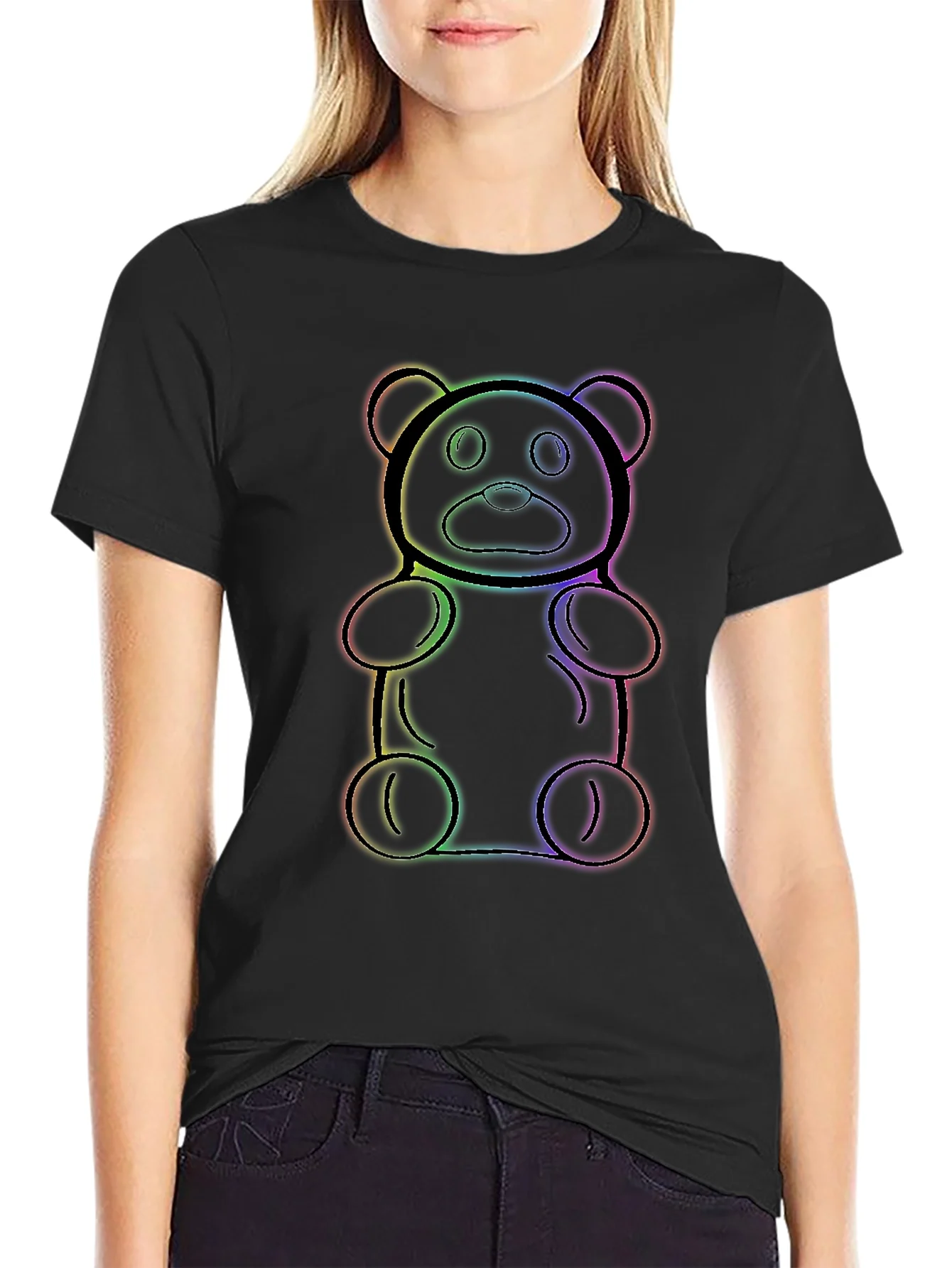 Camiseta Negra con Dise?o de Oso de Gominola Arco¨ªris