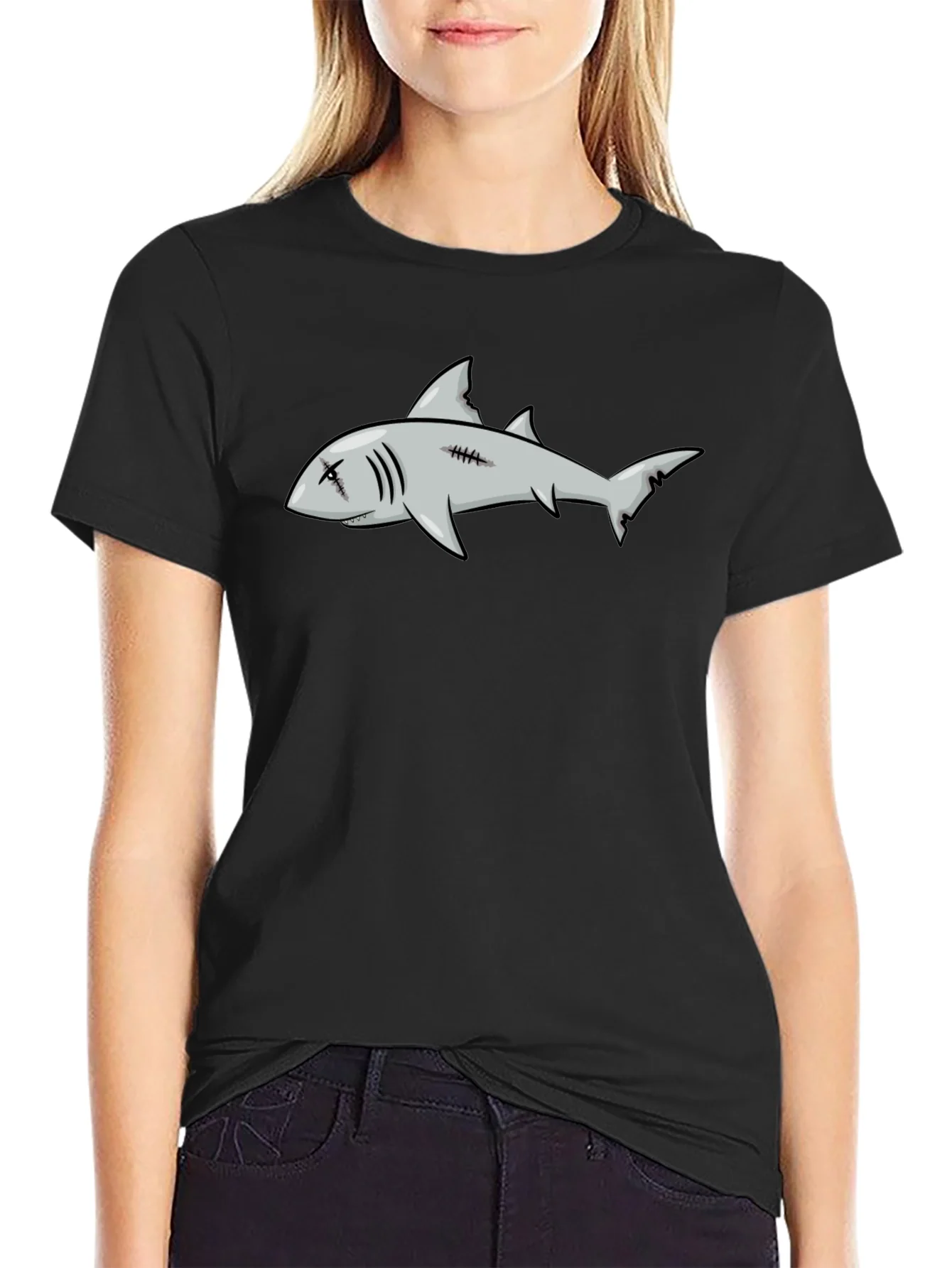 Camiseta Negra con Dise?o de Tibur¨®n de Dibujos Animados