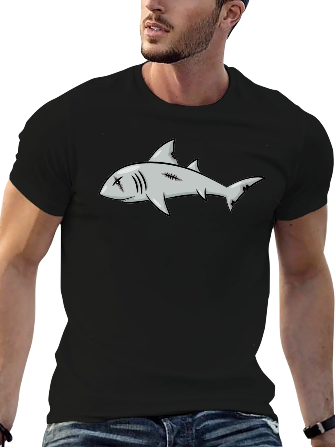 Camiseta Negra con Dise?o de Tibur¨®n de Dibujos Animados